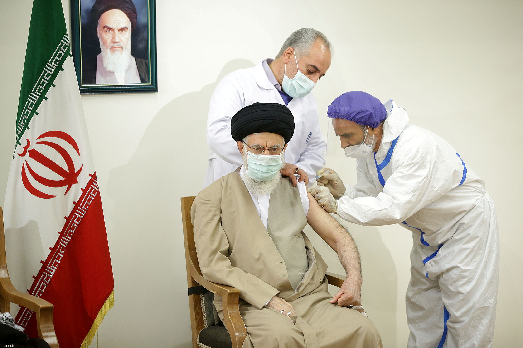Iran's Supreme Leader Ayatollah Ali Khamenei receives his first dose of the COVIran Barakat vaccine, in Tehran
