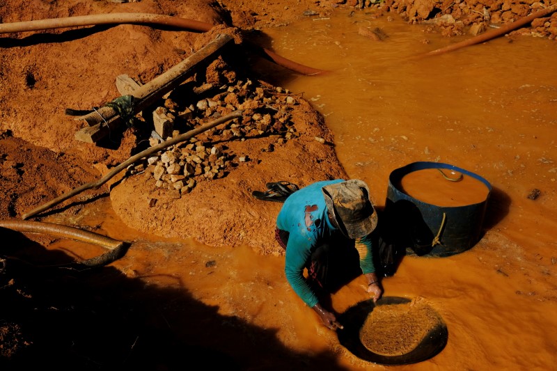 A wildcat gold miner, or garimpeiro, uses a basin and mercury to pan for gold at a wildcat gold mine, also known as a garimpo, at a deforested area of the Amazon rainforest near Crepurizao, in the municipality of Itaituba, Para State, Brazil, August 5, 2017. REUTERS/Nacho Doce/File Photo