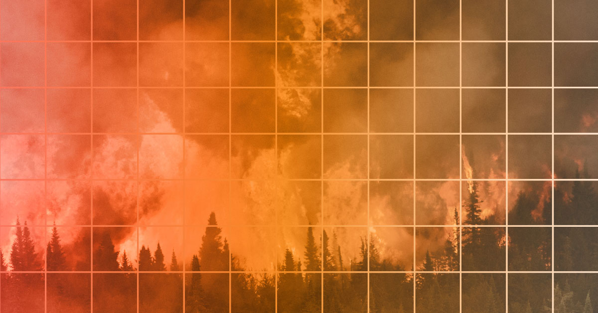 Photo illustration that combines a photo of Canadian forest burning overlaid by a repeated square grid.