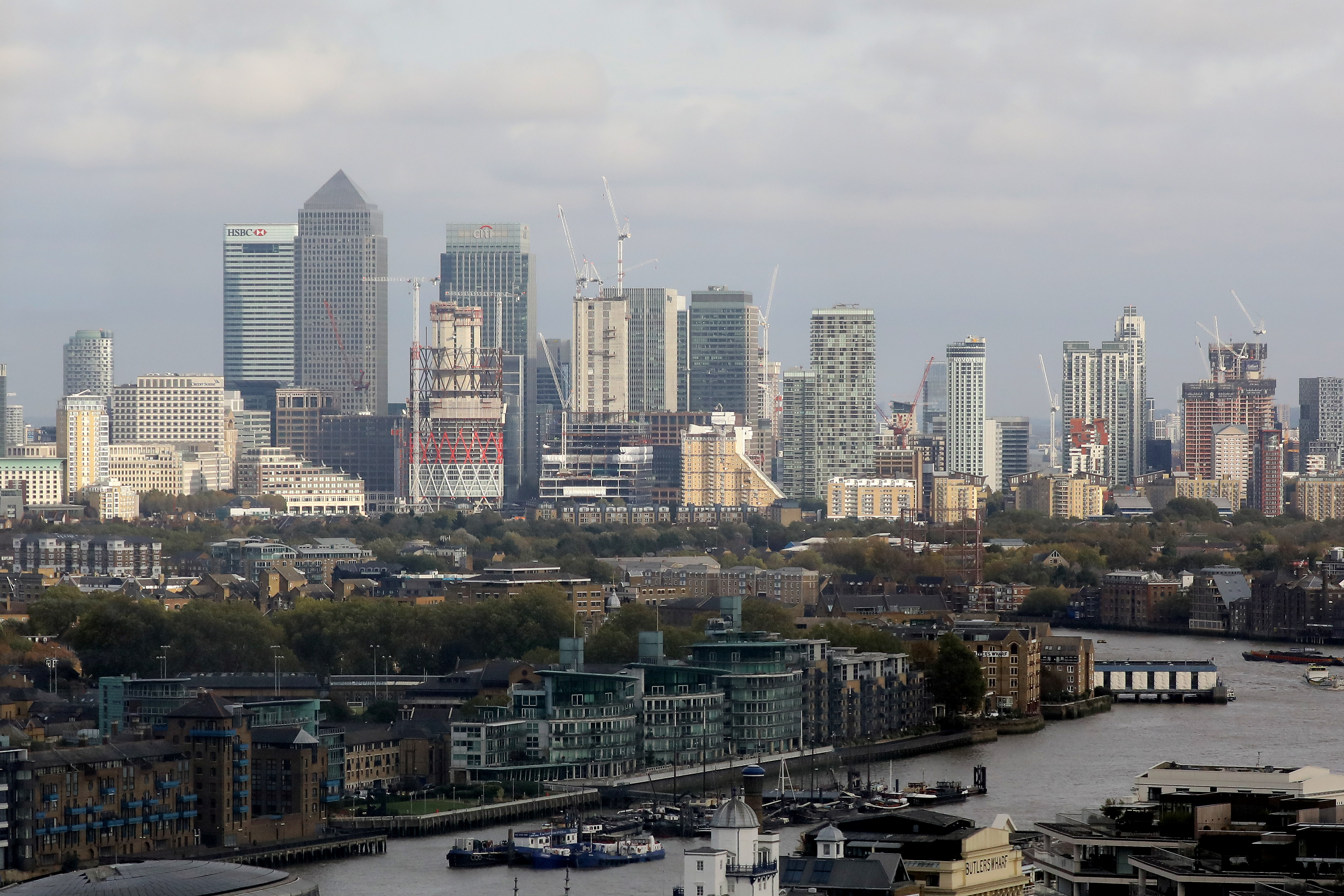 General view of Canary Wharf financial district in London