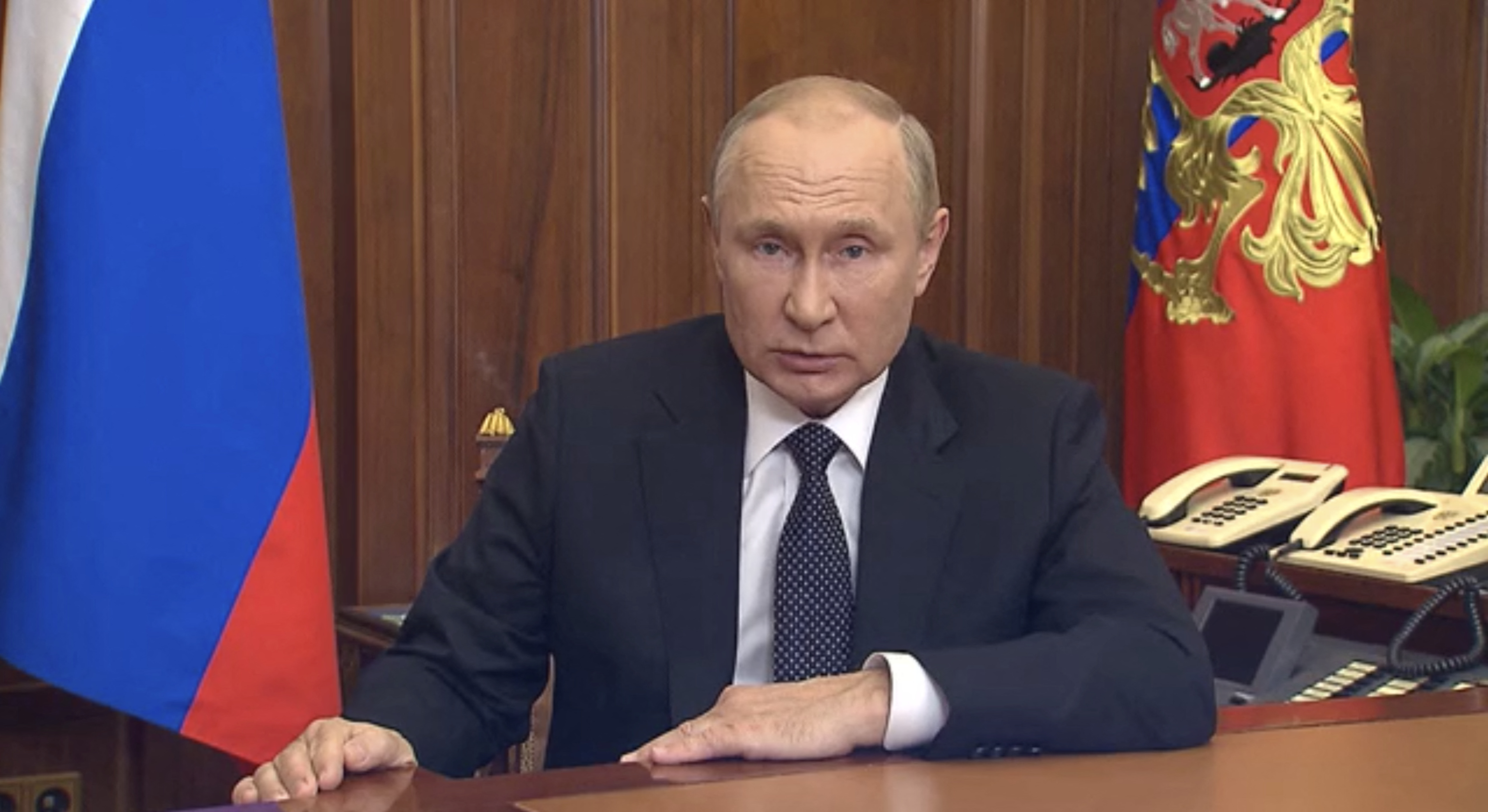 Russian President Vladimir Putin makes an address in Moscow