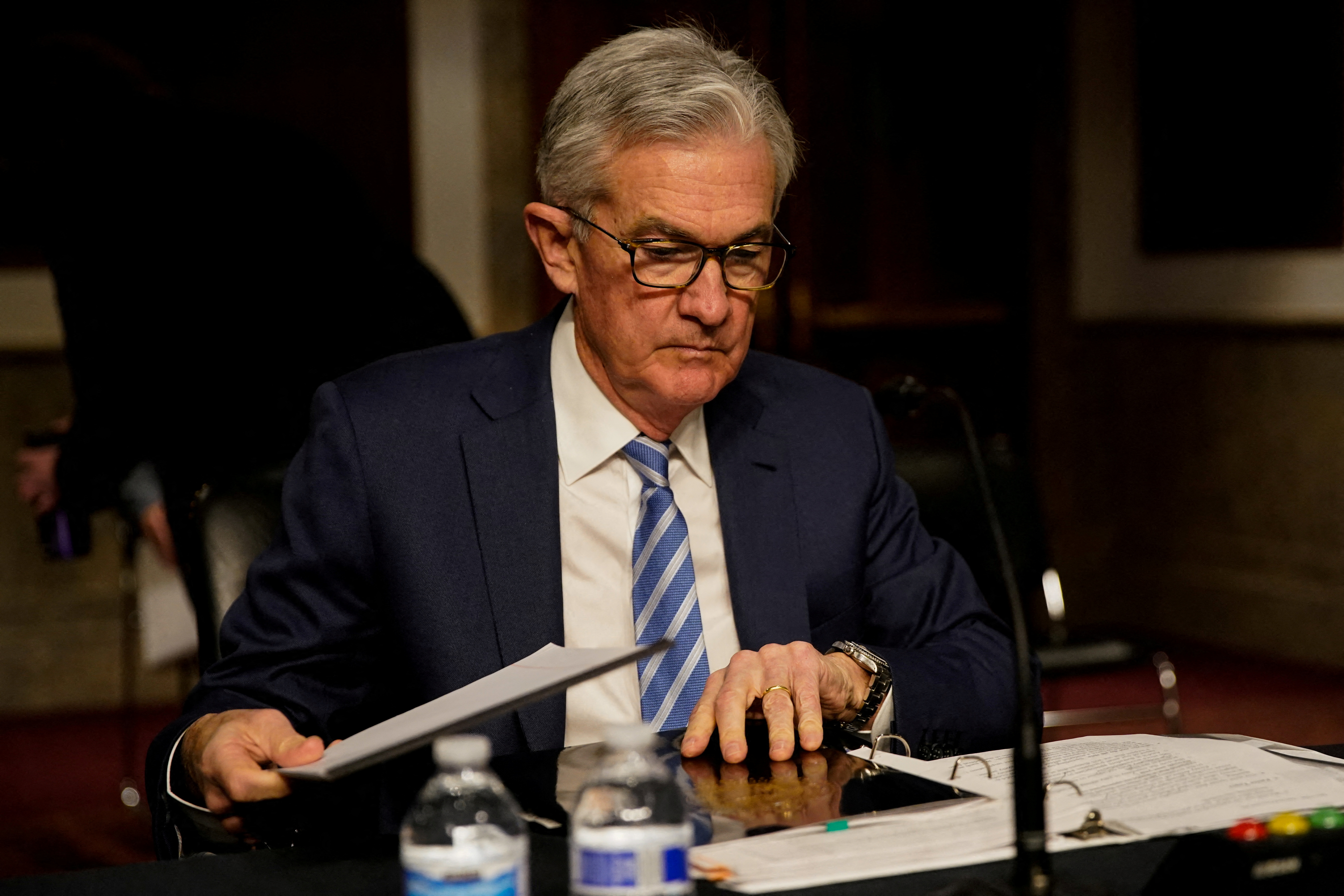 Federal Reserve Chair Jerome Powell testifies before a Senate Banking Committee hybrid hearing on oversight of the Treasury Department and the Federal Reserve on Capitol Hill in Washington