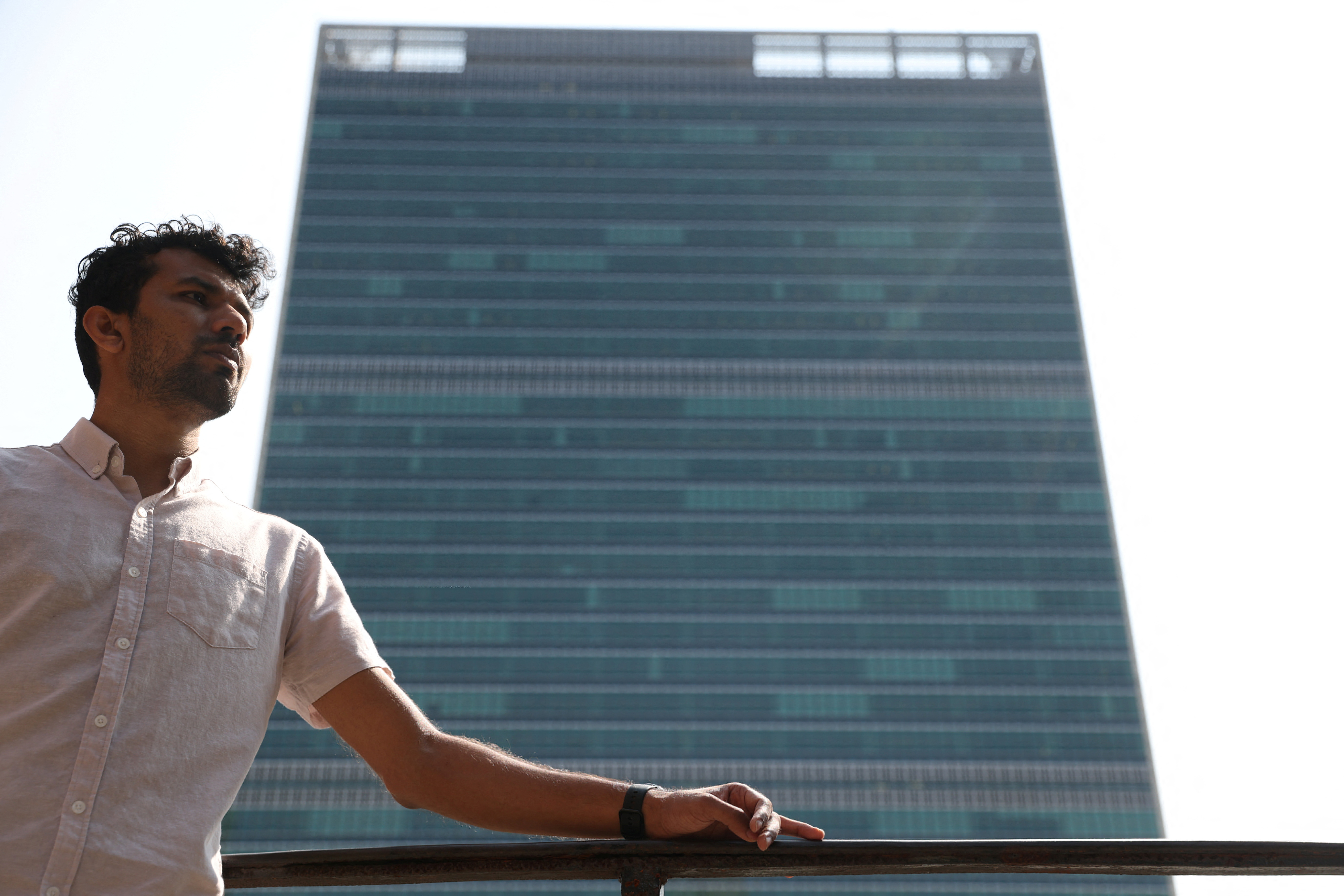Vishal Prasad poses outside United Nations Headquarters in Manhattan, New York City