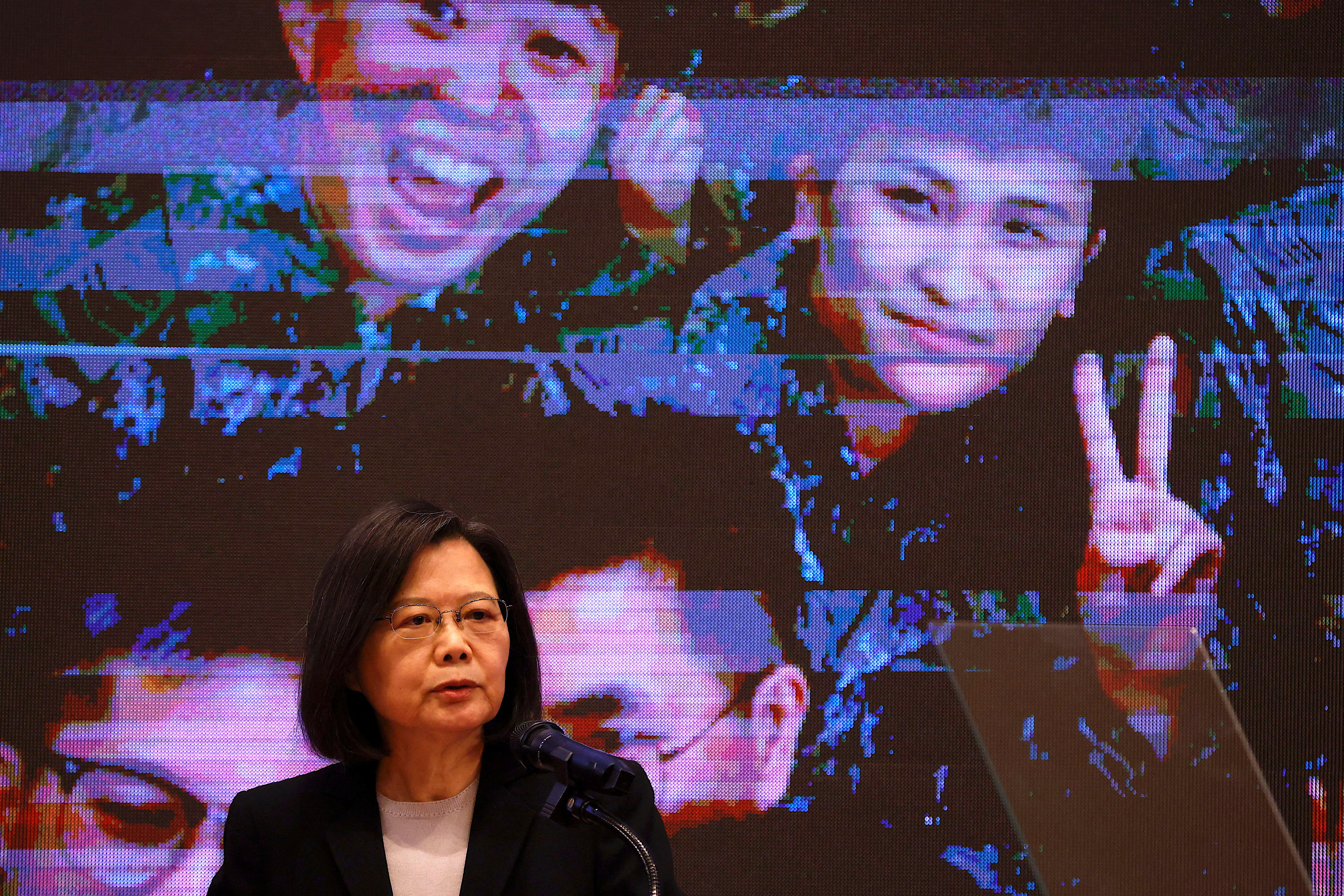 Taiwan President Tsai Ing-wen speaks at a news conference on new measures to reinforce the island's civil defence amid the rising China military threat