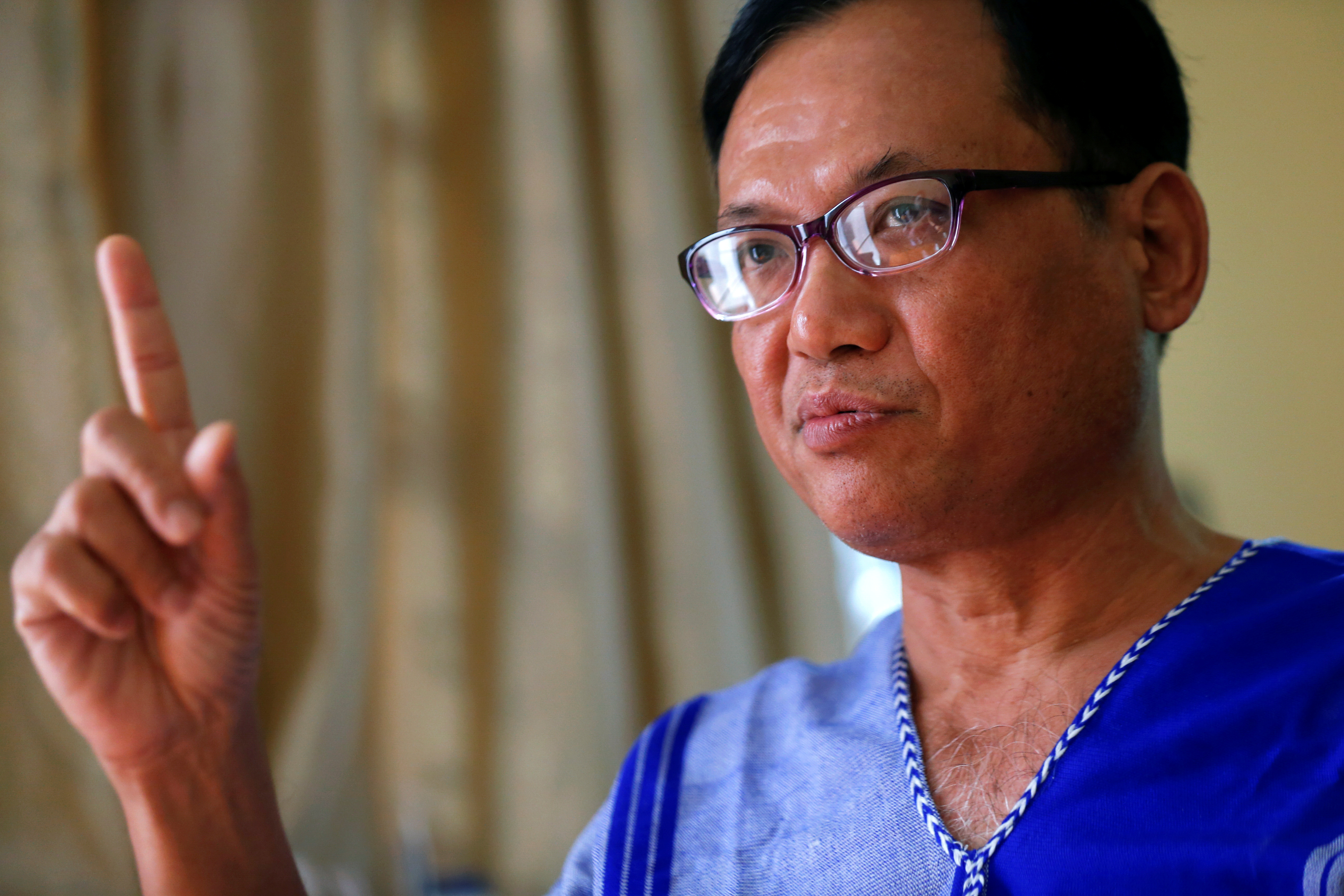 Padoh Saw Taw Nee, Head of Foreign Affairs Department of the Karen National Union, one of the major ethnic armed groups from Myanmar talks during an interview with Reuters journalist in Mae Sot, Thailand March 18, 2021. REUTERS/Soe Zeya Tun/File Photo