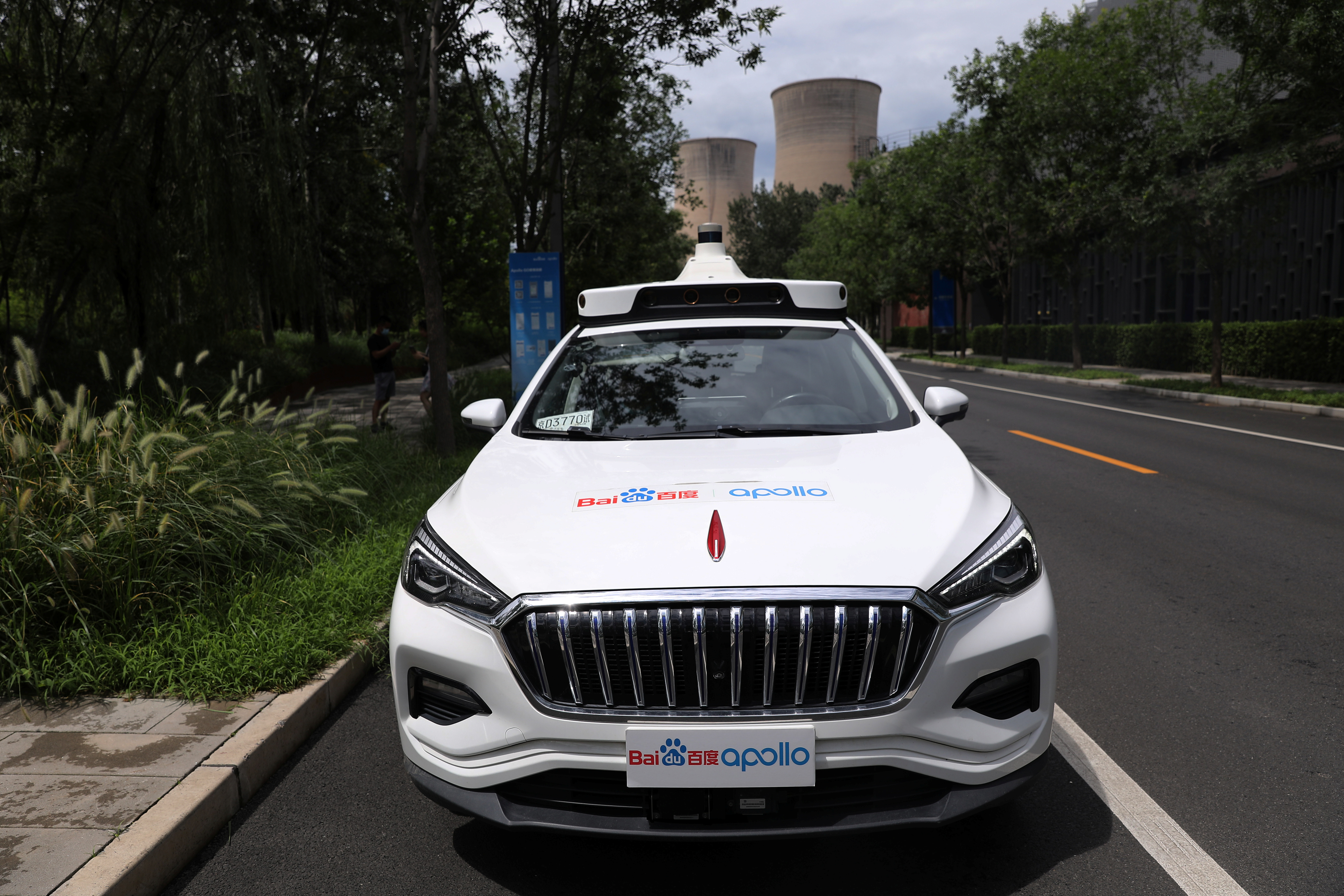 Baidu's Apollo car with an autonomous driving system, which serves for self-driving taxi services, is seen at the Shougang Industry Park in Beijing