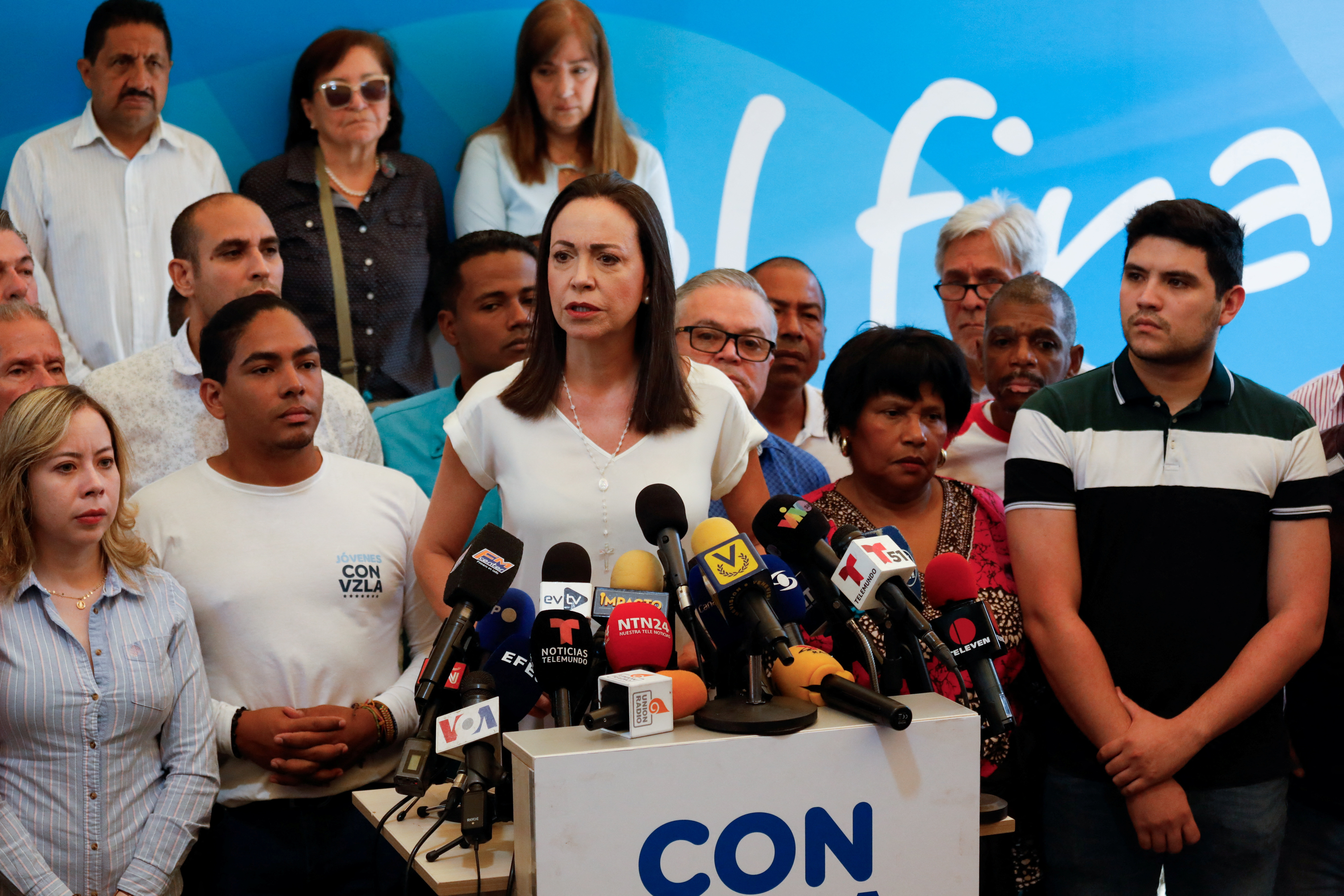 Venezuelan opposition leader Maria Corina Machado addresses the media, in Caracas