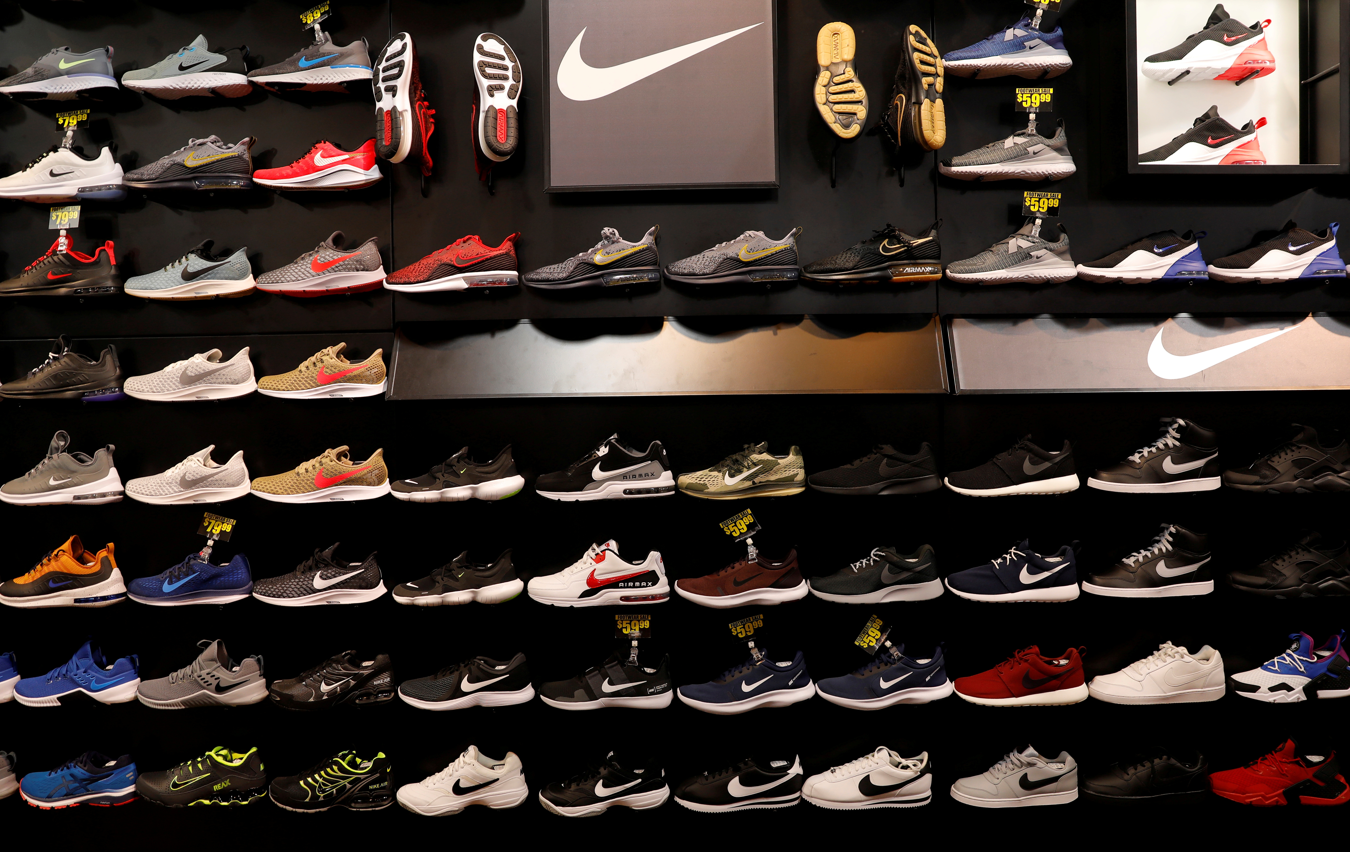 Nike shoes are seen displayed at a sporting goods store in New York