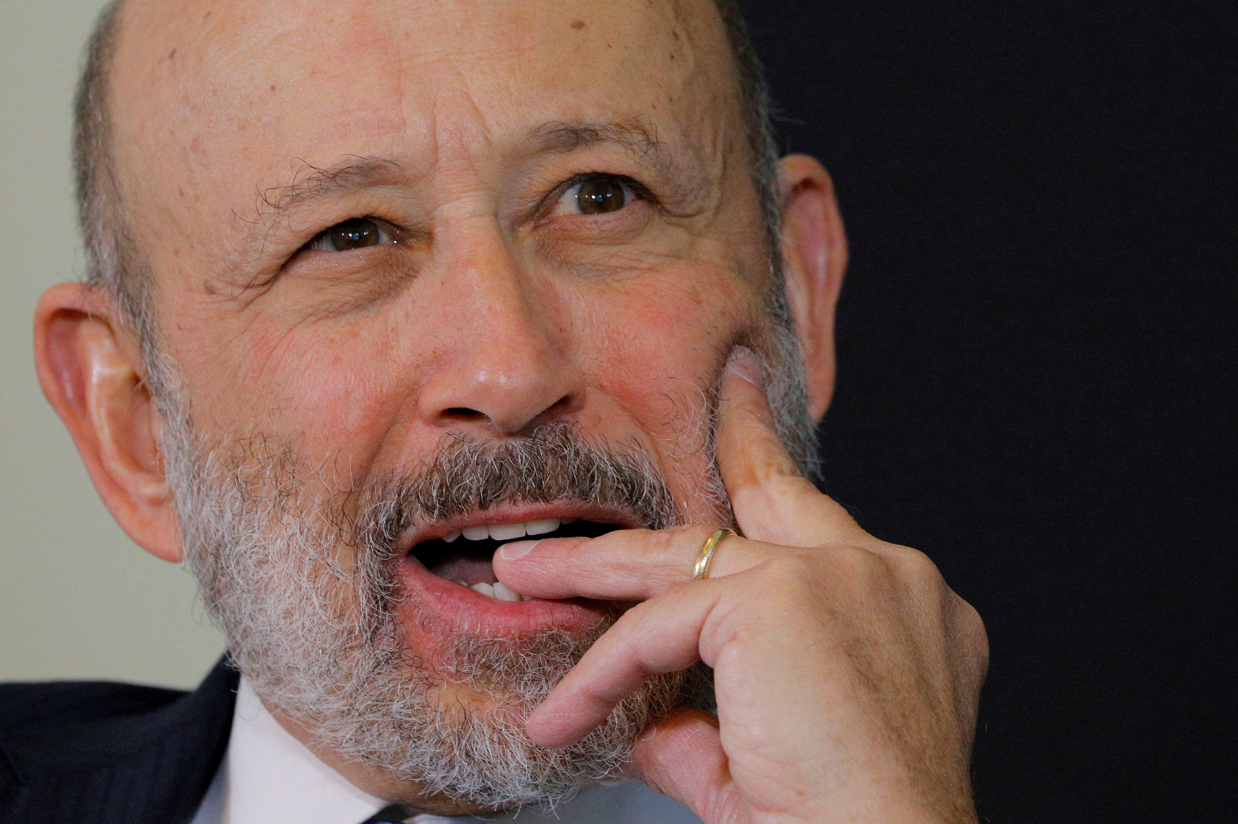 Blankfein, CEO of Goldman Sachs, reacts at Boston College Chief Executives Club luncheon in Boston