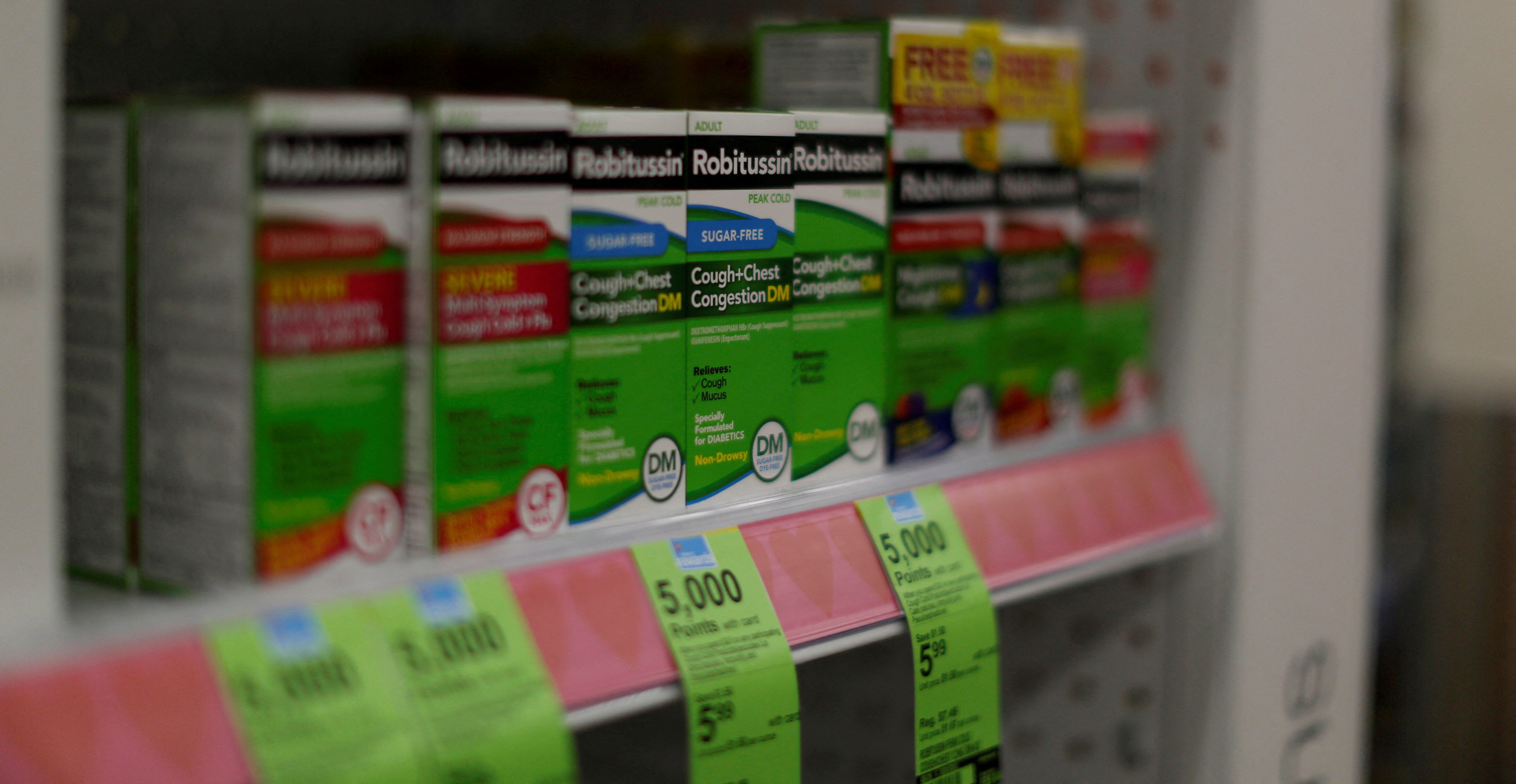 Robitussin products are pictured at a Walgreens store in Pasadena