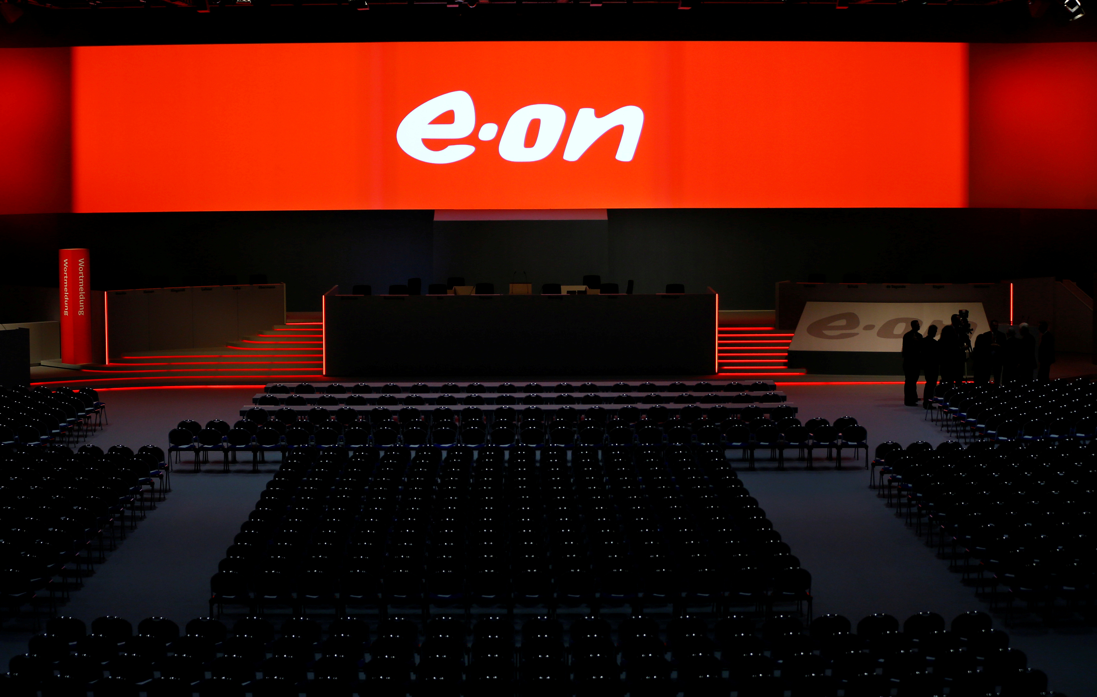 The empty stage for the board of German utility giant E.ON is seen before the annual shareholders meeting in Essen