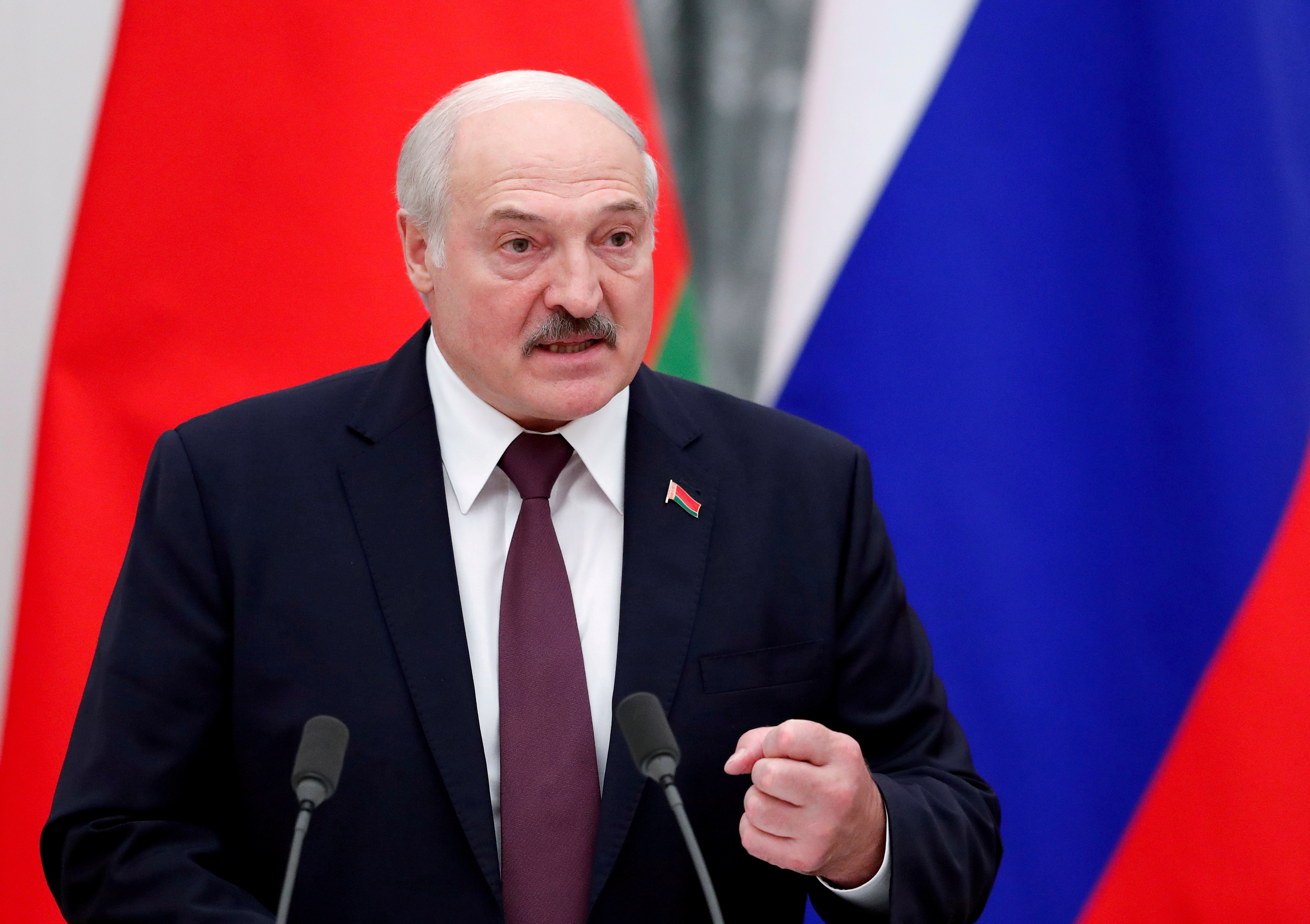 Belarusian President Alexander Lukashenko speaks during a news conference at the Kremlin in Moscow, Russia September 9, 2021. REUTERS/Shamil Zhumatov/File Photo