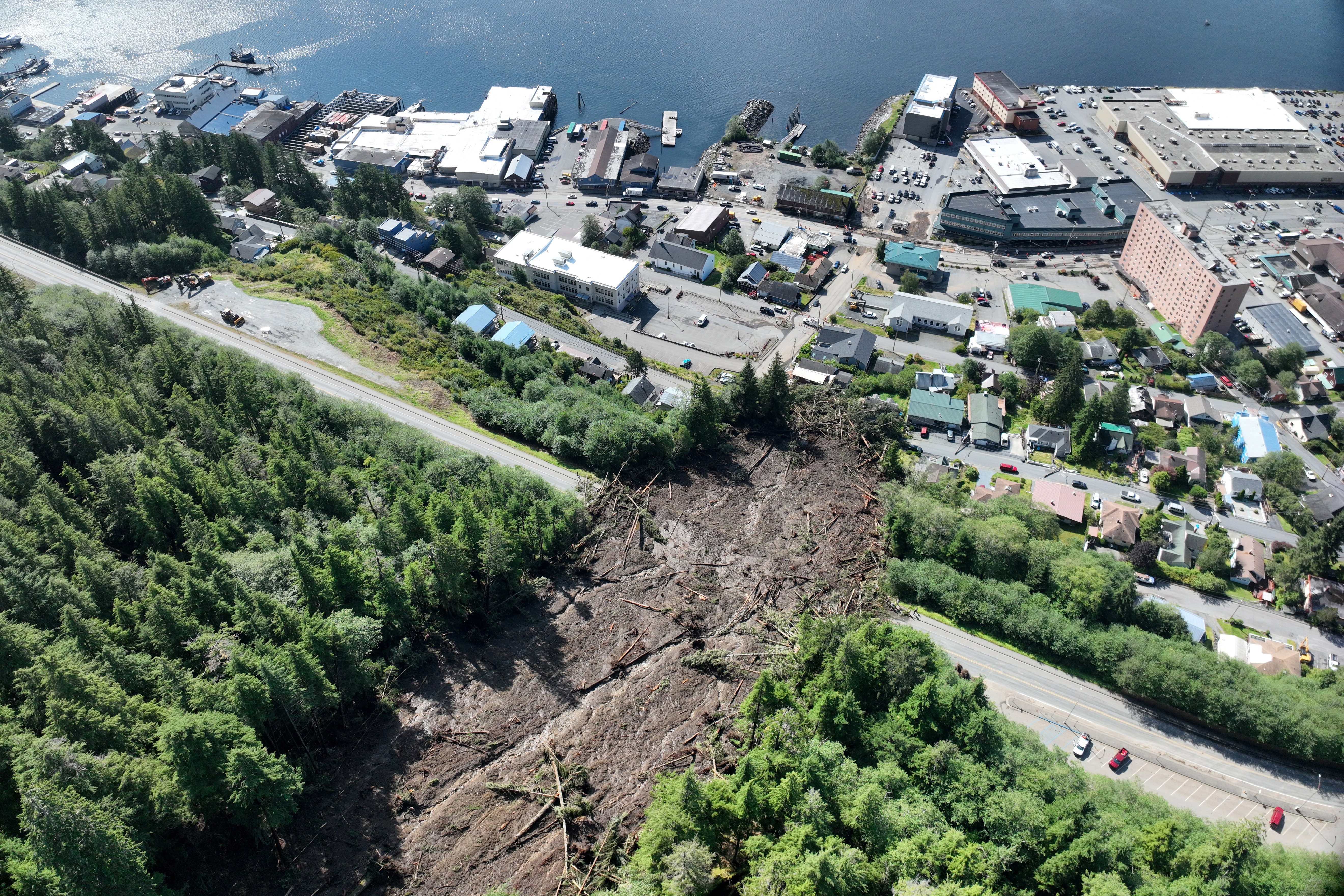 A landslide remains in a drone photograph in Ketchikan