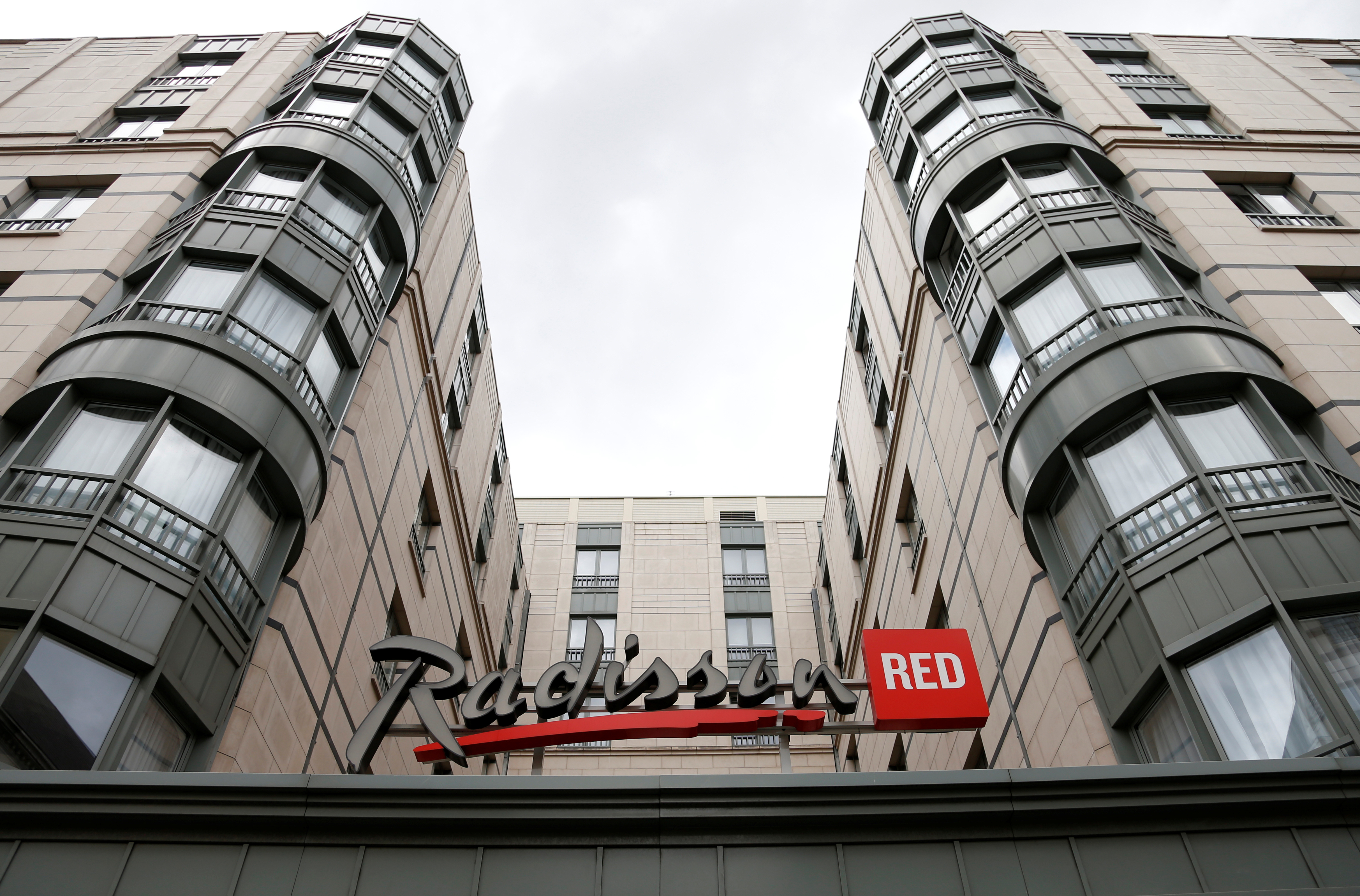 The logo of Radisson Red hotel group is pictured over its main entrance in central Brussels