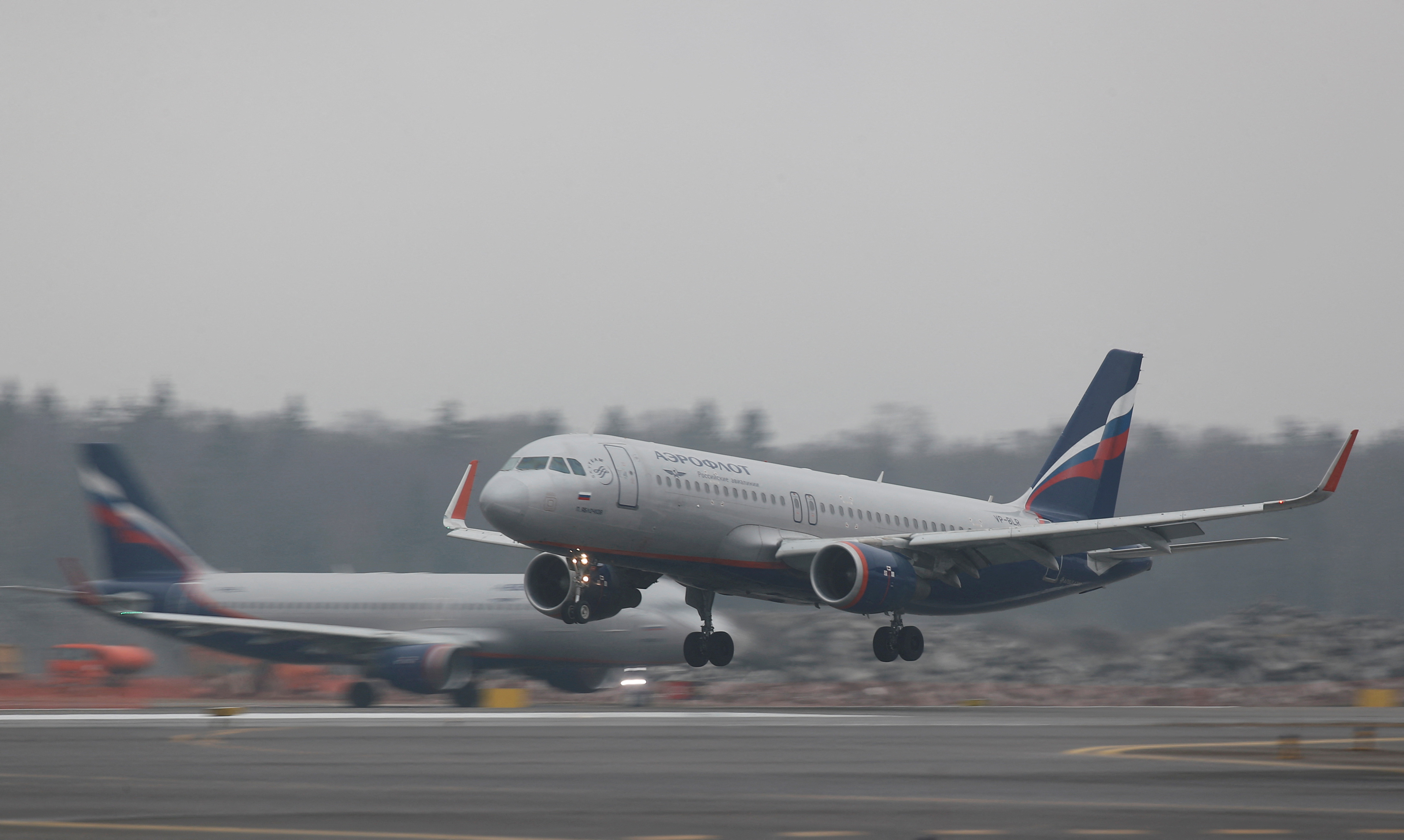 Aeroflot Airbus A320-200 plane lands at Sheremetyevo International Airport outside Moscow
