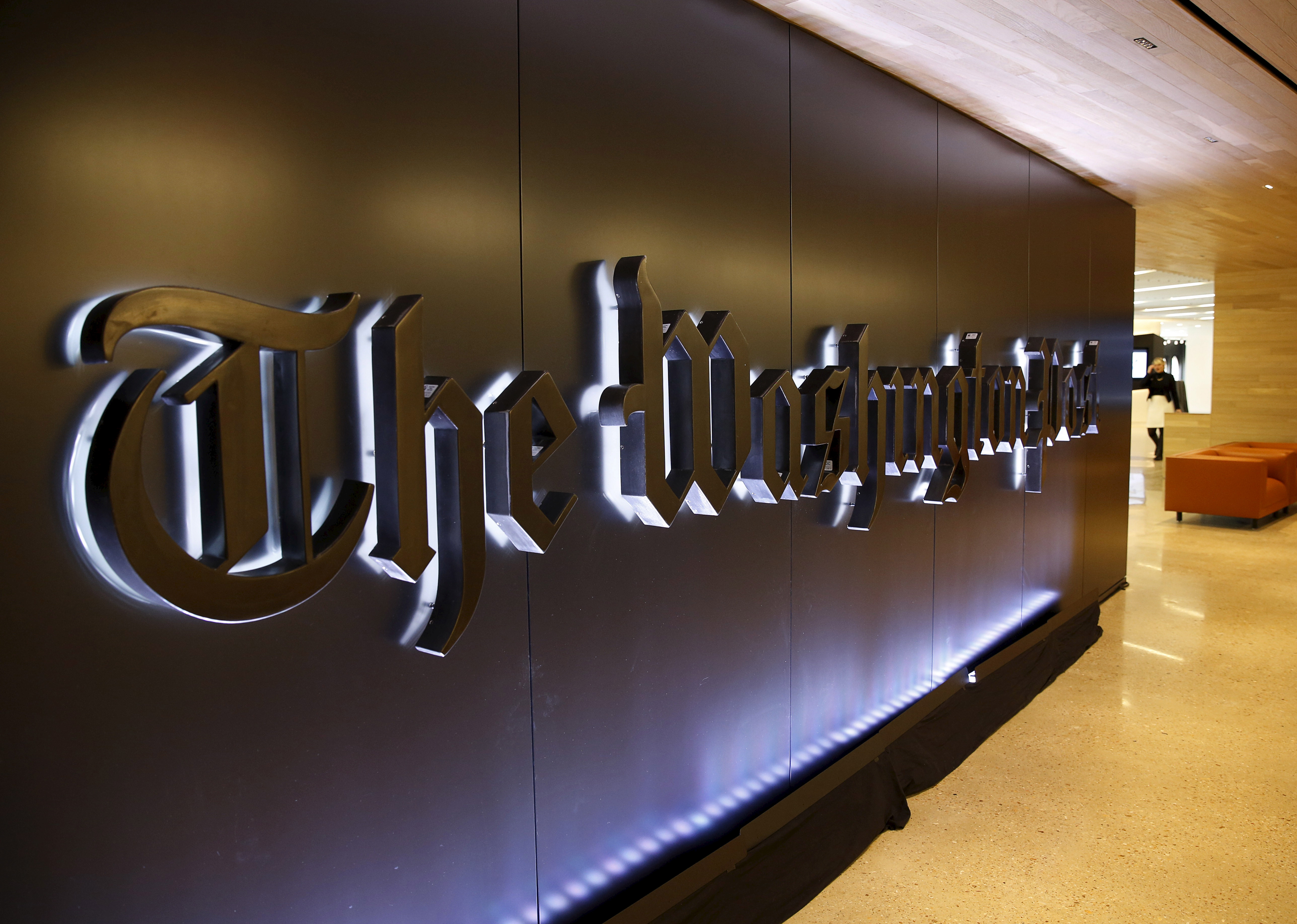 Newspaper banner logo is seen during grand opening of Washington Post in Washington