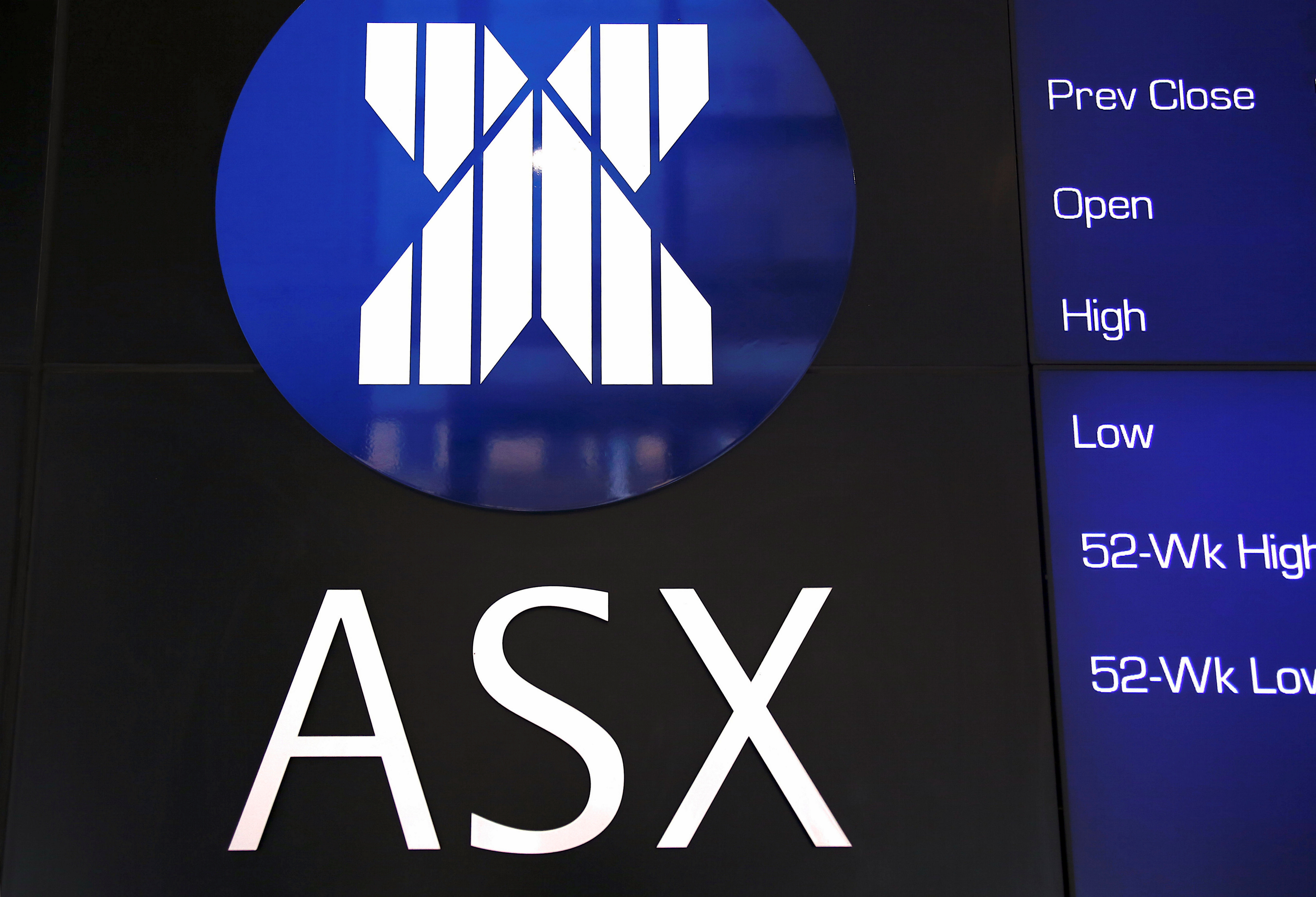 A board displaying stock prices is adorned with the Australian Securities Exchange (ASX) logo in central Sydney
