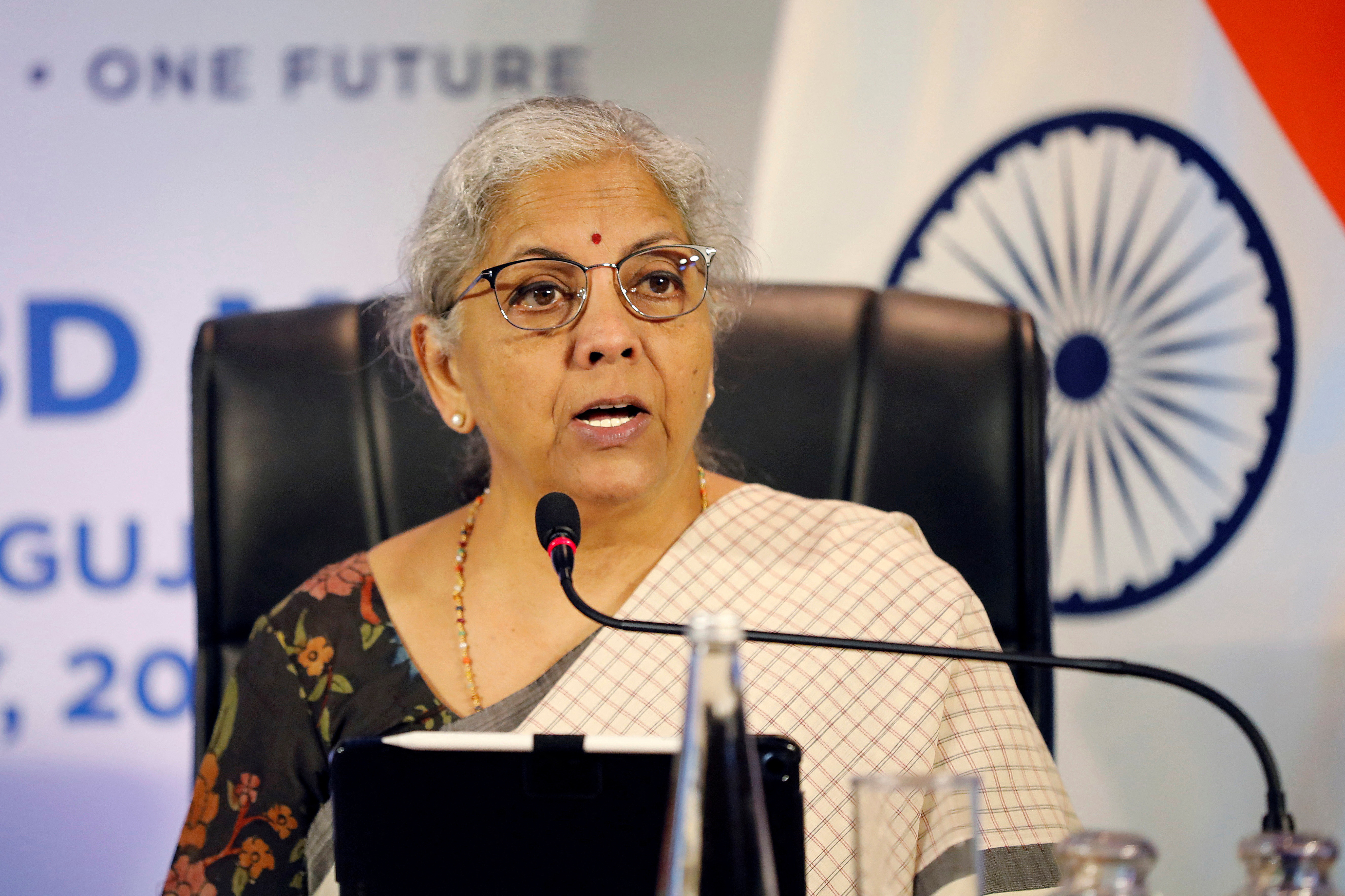 India's Finance Minister Nirmala Sitharaman addresses media on sidelines of a G20 meeting at Gandhinagar