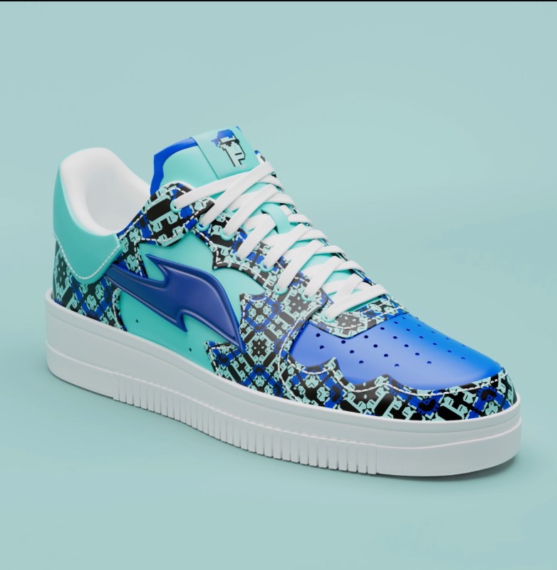 A virtual sneaker made by the digital fashion company RTFKT, featuring a unique design generated from a CryptoPunk, a popular kind of non-fungible token (NFT), as The CryptoPunk-themed sneakers were sold in both physical and digital form to CryptoPunk owners, is seen in this render obtained by Reuters on August 10, 2021. RTFKT INC/Handout via REUTERS 