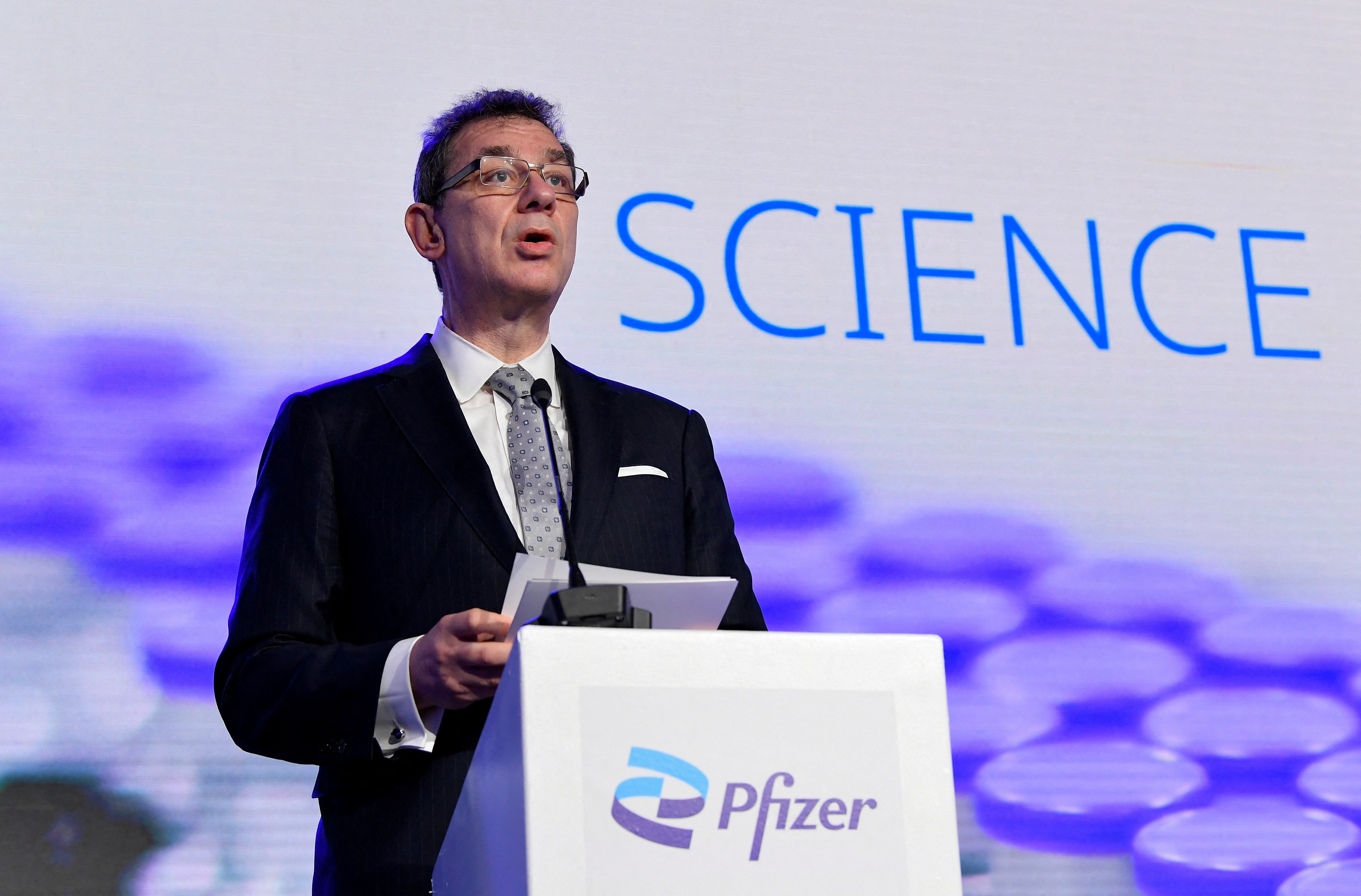 Pfizer CEO Albert Bourla talks during a press conference after a visit at Pfizer vaccine plant in Puurs