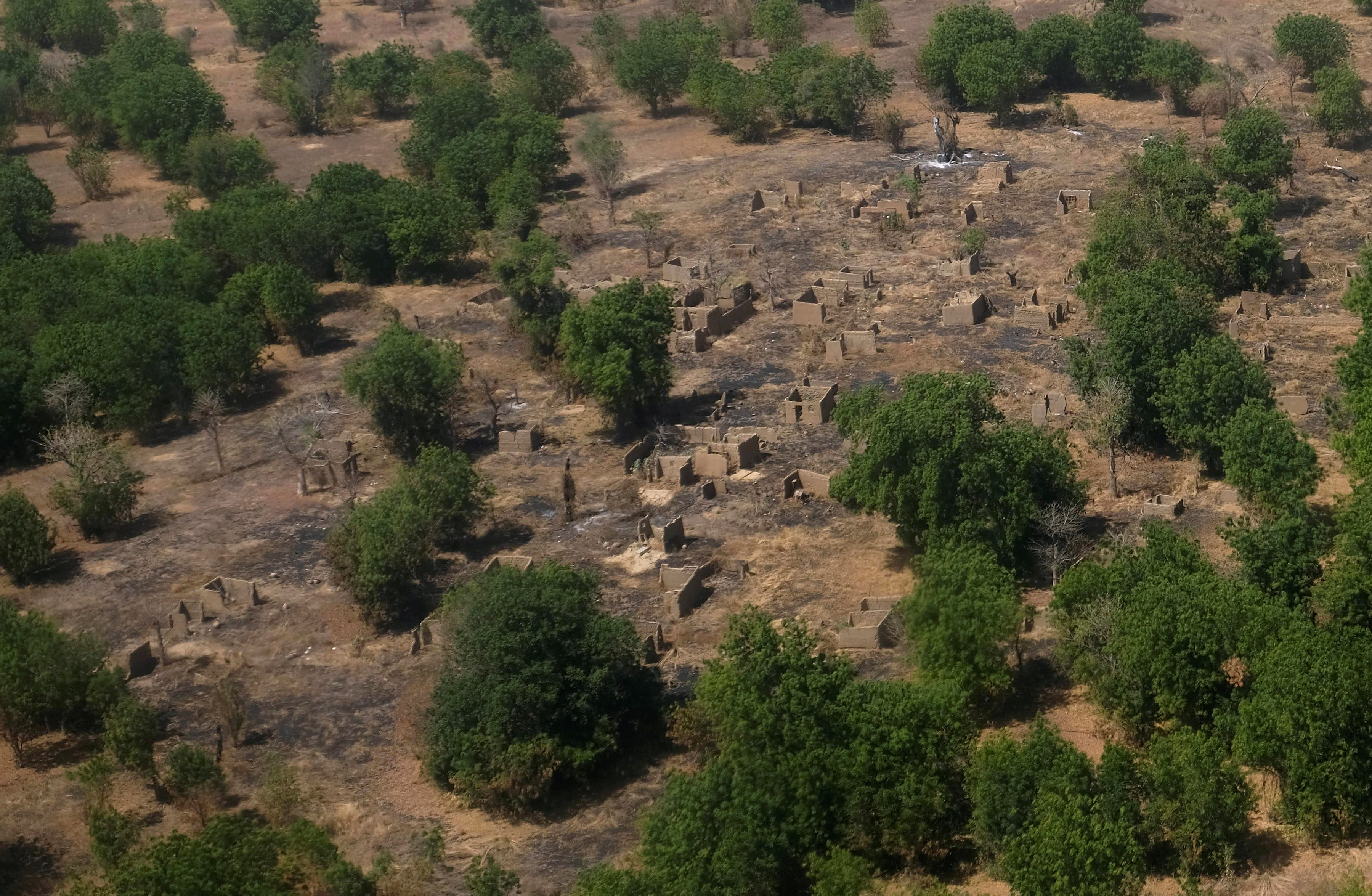 An aerial view of buildings standing on scorched ground that have been destroyed in the conflict with Boko Haram in the Bama region of Borno state, Nigeria
