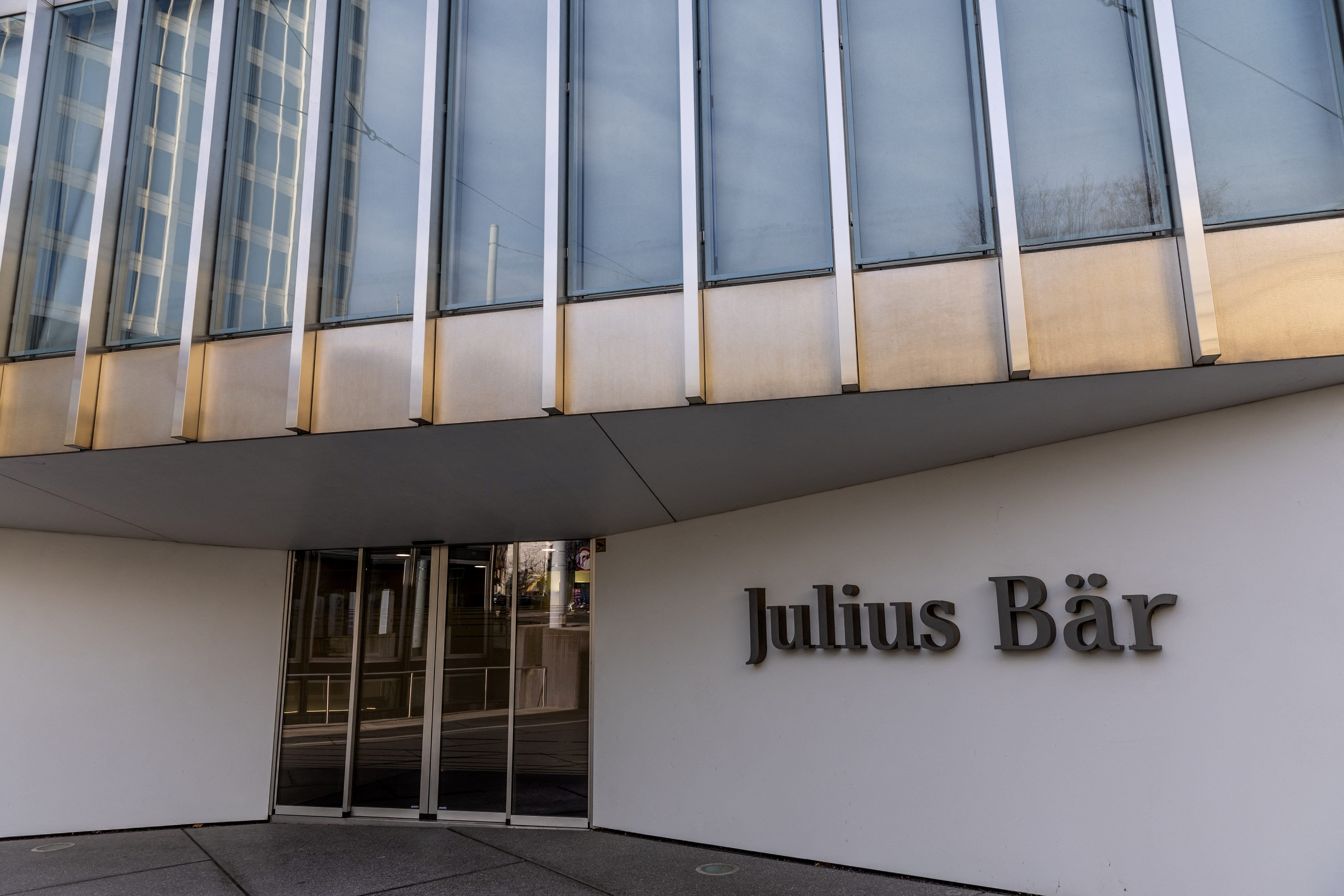 A logo is pictured on the branch of the Swiss private bank Julius Baer in Lausanne