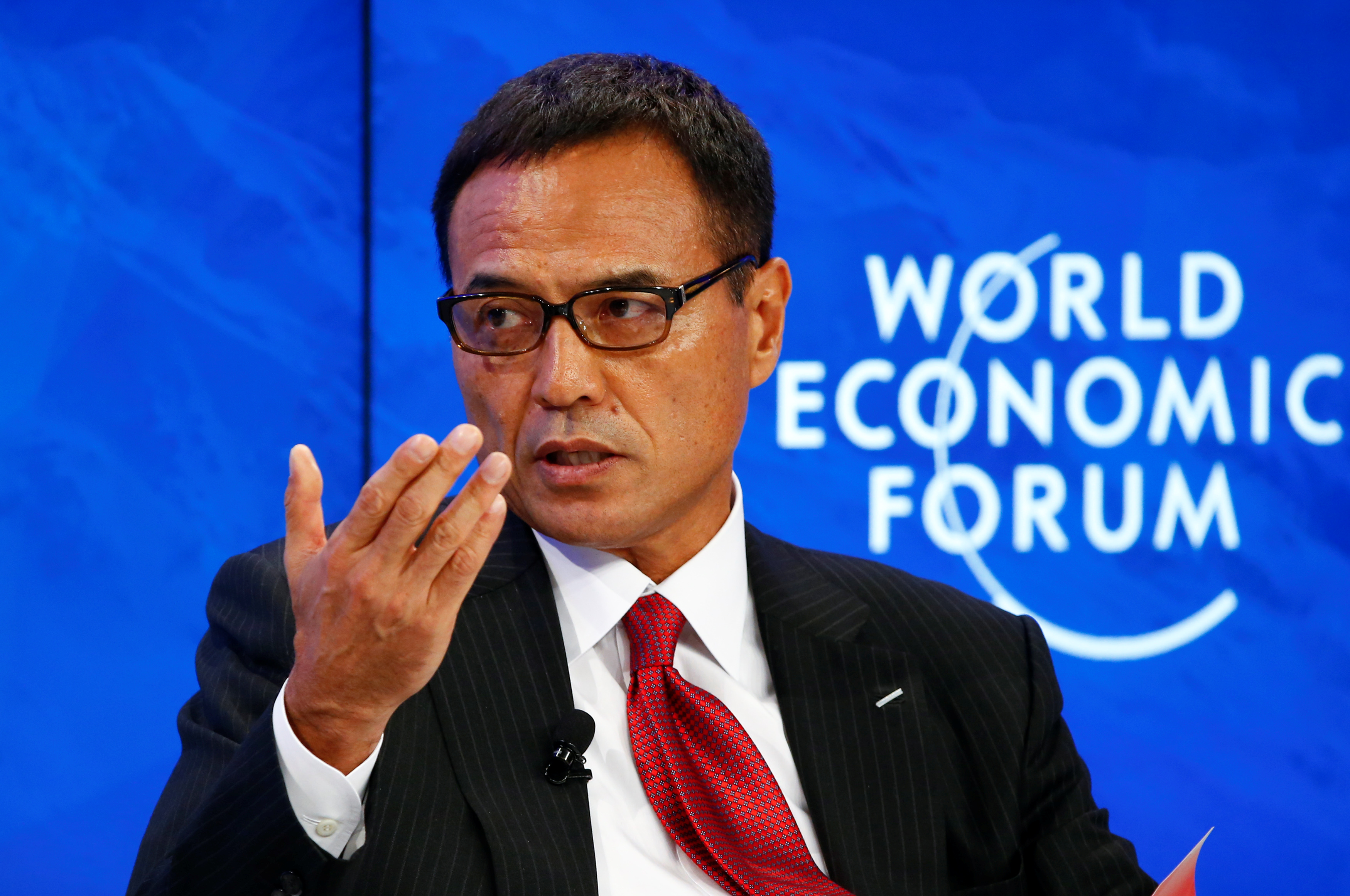 Niinami, President and CEO of Suntory Holdings, addresses the session 'Japan's Future Economy' during the annual meeting of the World Economic Forum (WEF) in Davos