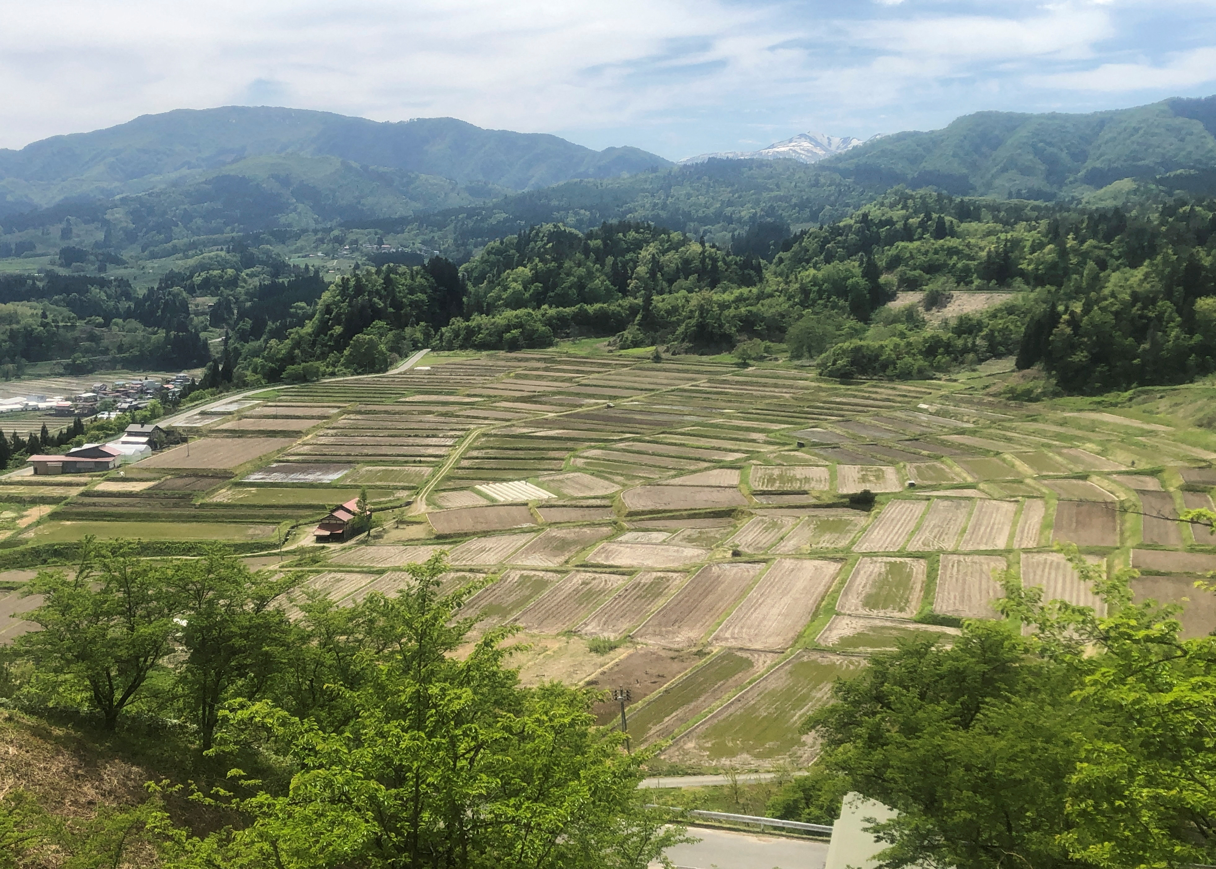 A general view shows the rice terraces of Kunugidaira ahead of planting season, in Asahi