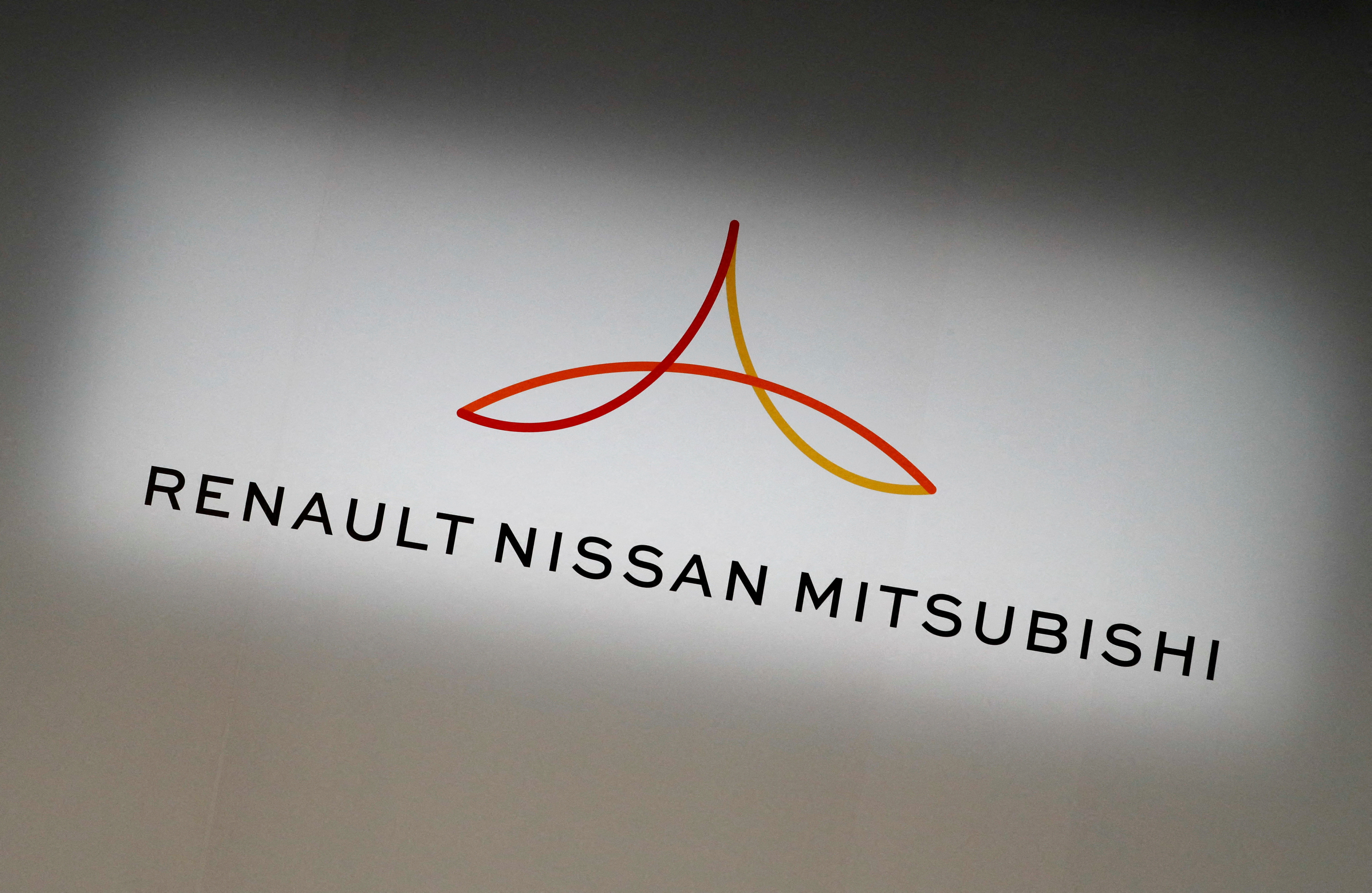 The logo of the Renault-Nissan-Mitsubishi alliance is seen ahead of a Renault, Nissan and Mitsubishi chiefs' joint news conference in Yokohama, Japan, March 12, 2019. REUTERS/Kim Kyung-Hoon/File Photo