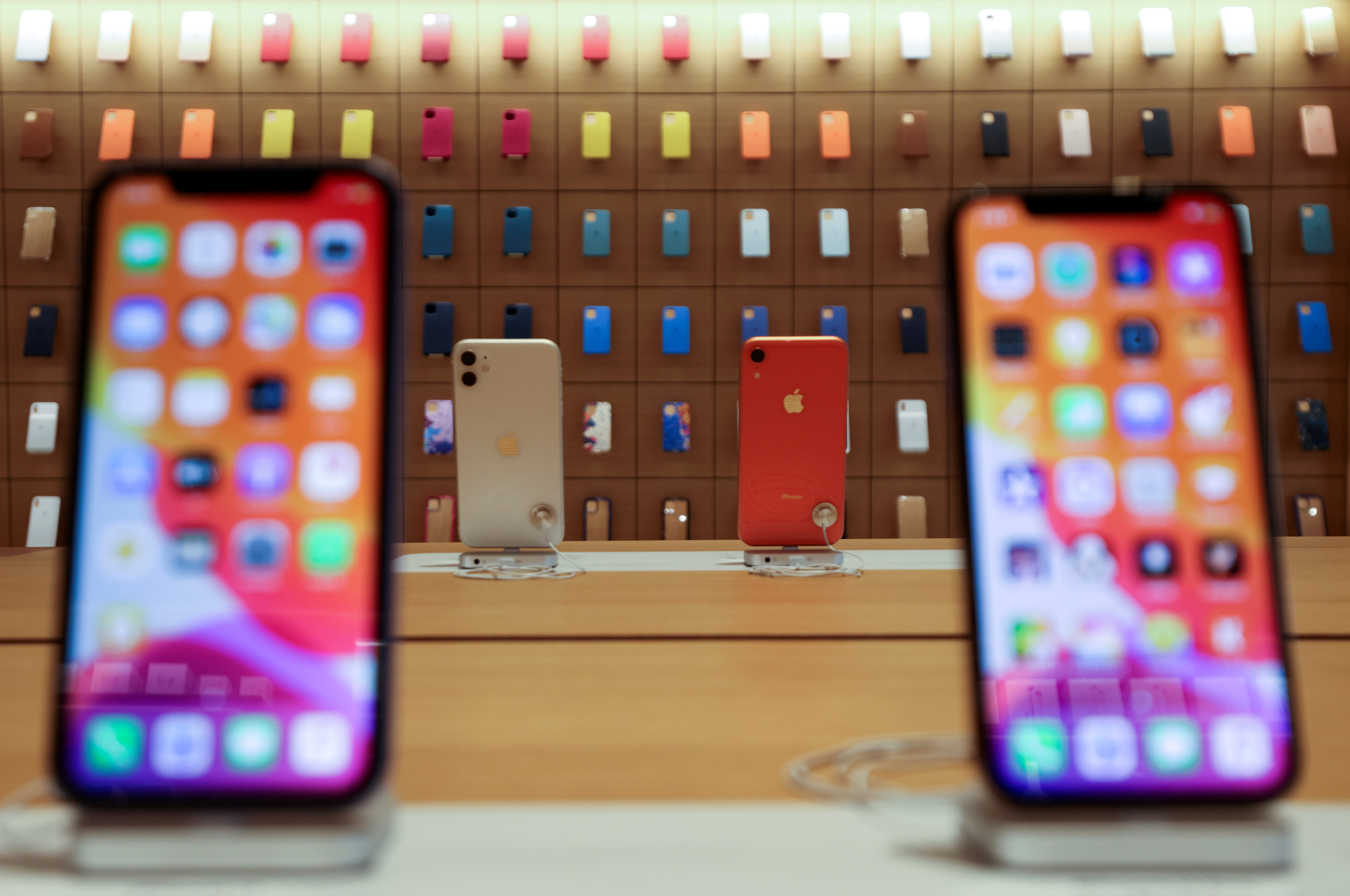 IPhones are displayed at the upcoming Apple Marina Bay Sands store in Singapore, September 8, 2020.