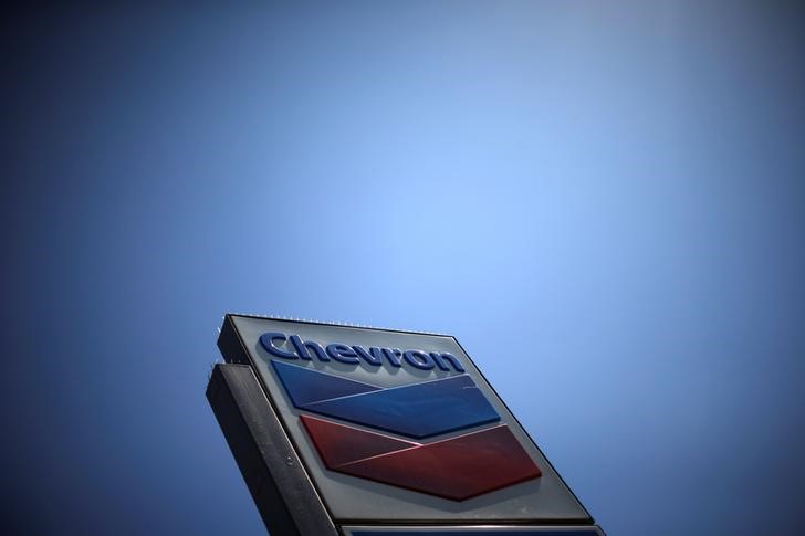 Dow Jones Industrial Average listed company Chevron (CVX)'s logo is seen in Los Angeles