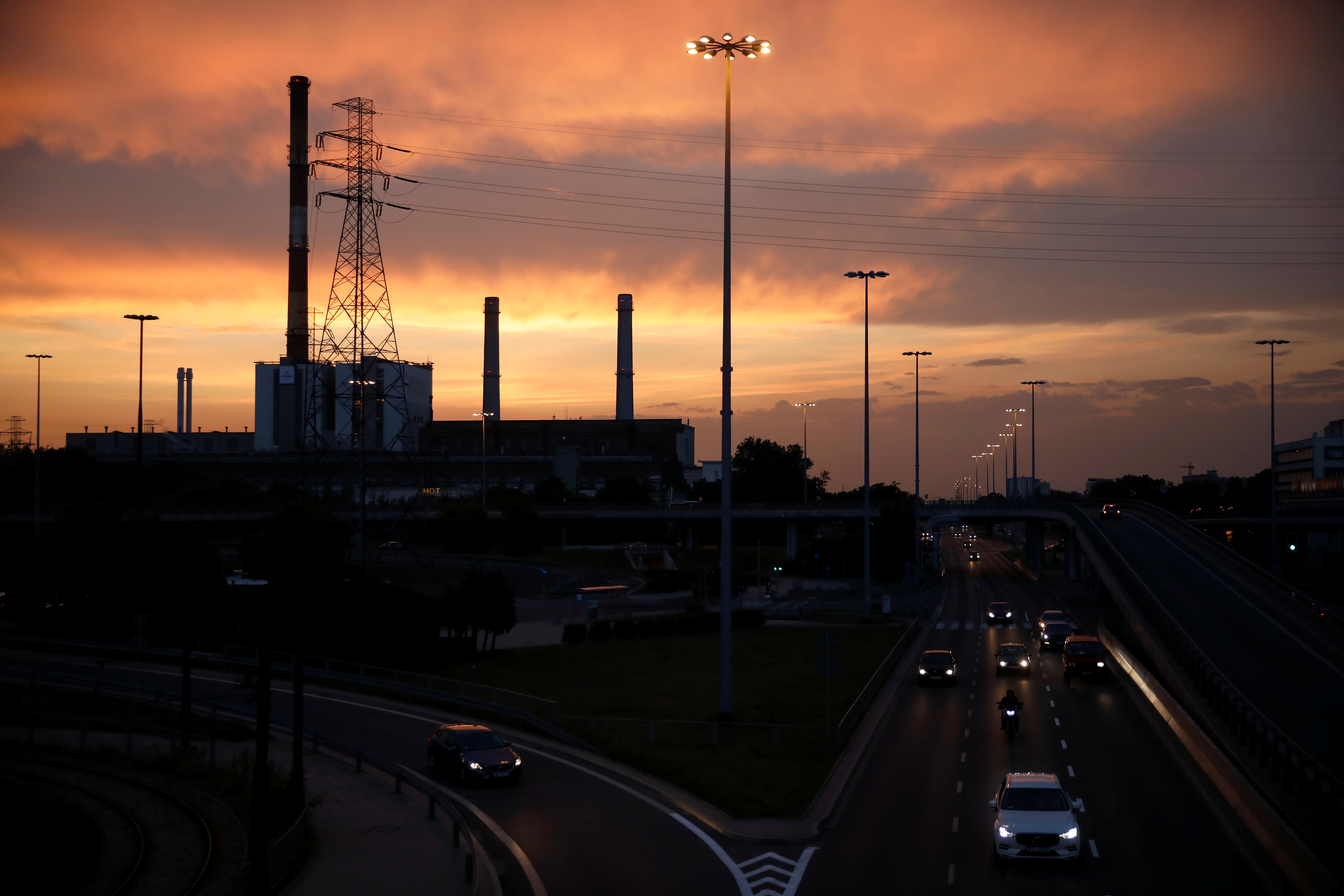 The PGNiG Termika Zeran thermal power station is seen after sunset in Warsaw