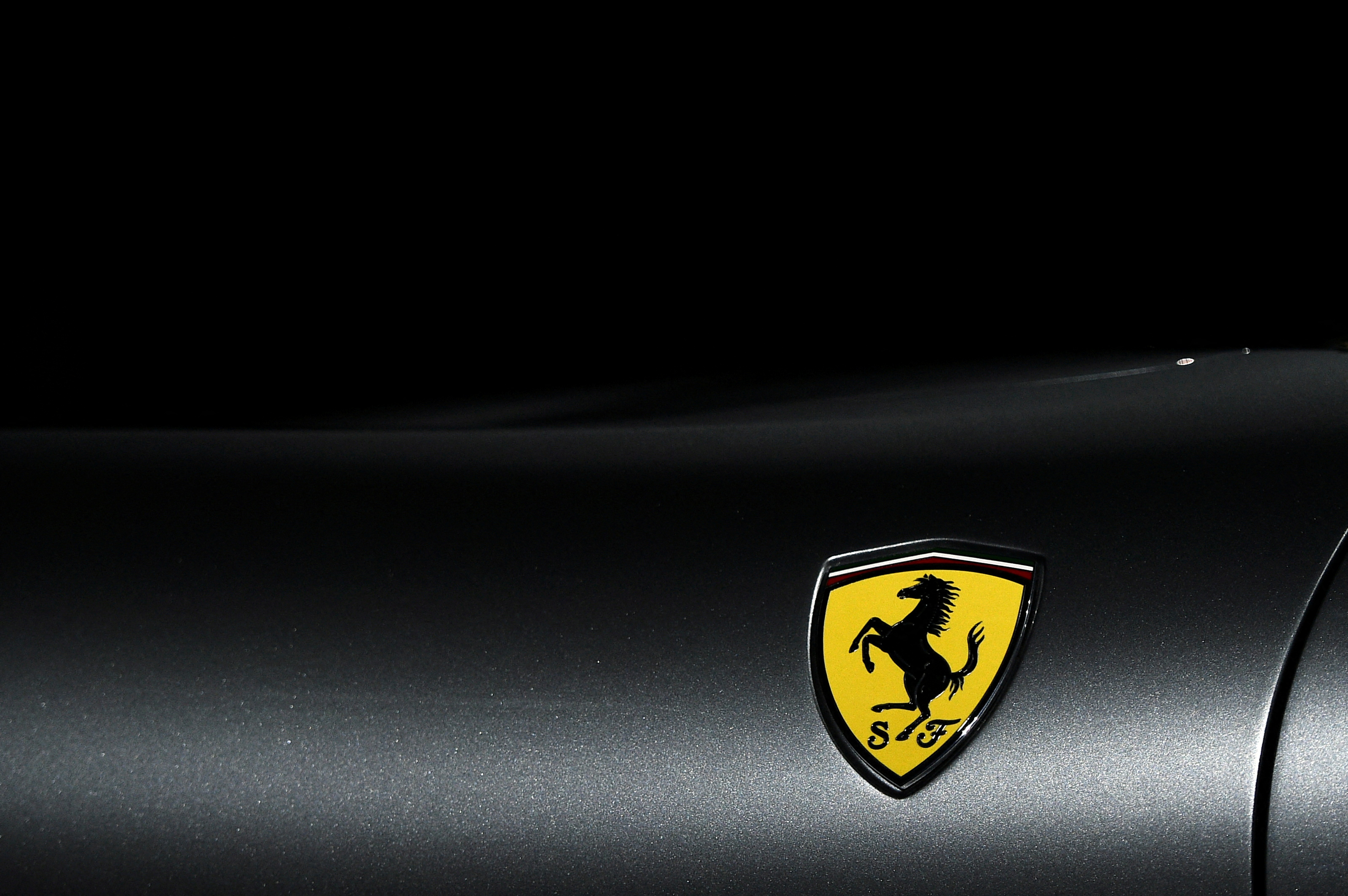 The Ferrari logo is pictured as Ferrari Roma is unveiled during its first world presentation in Rome