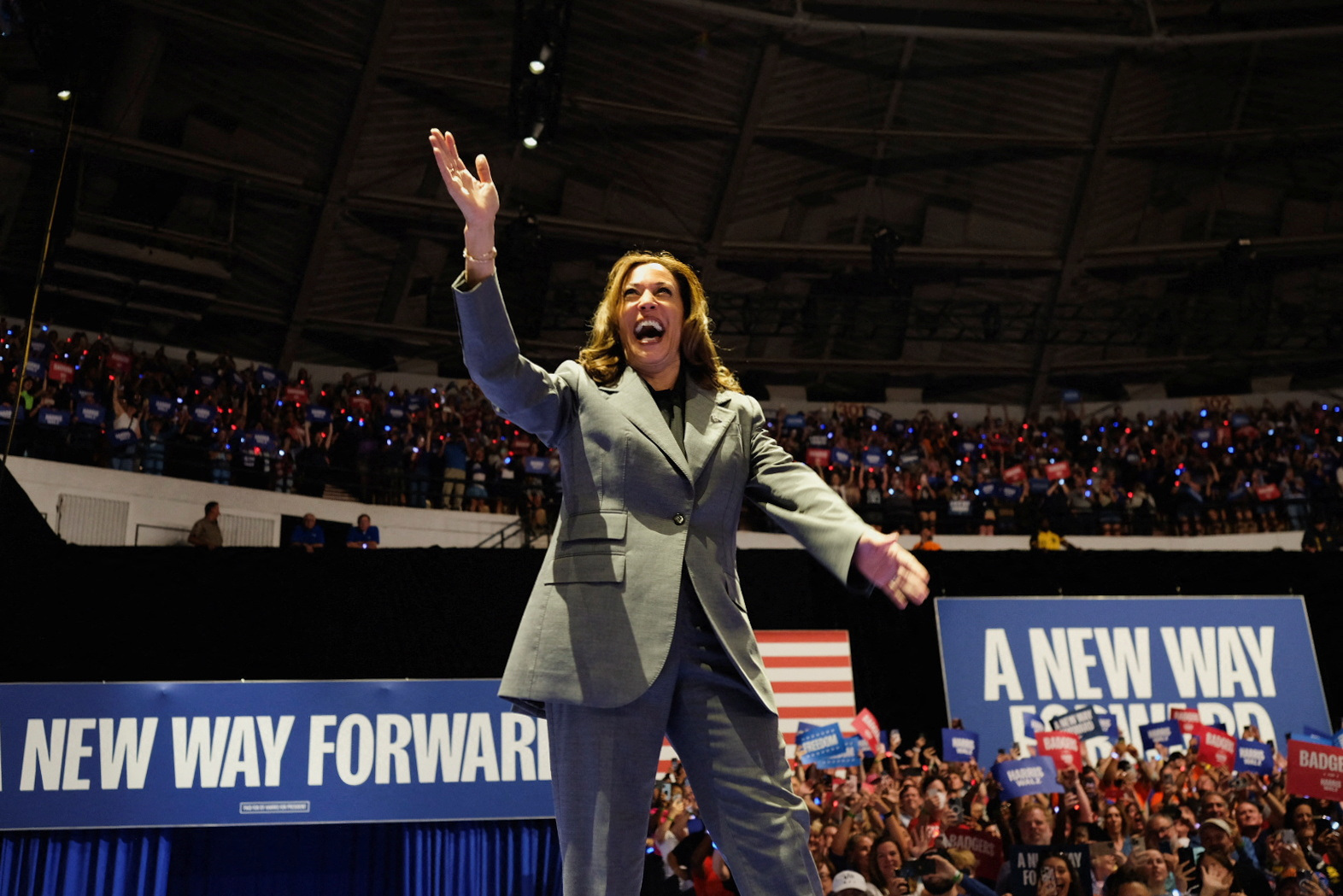 Democratic presidential nominee and U.S. Vice President Kamala Harris attends a campaign event in Madison