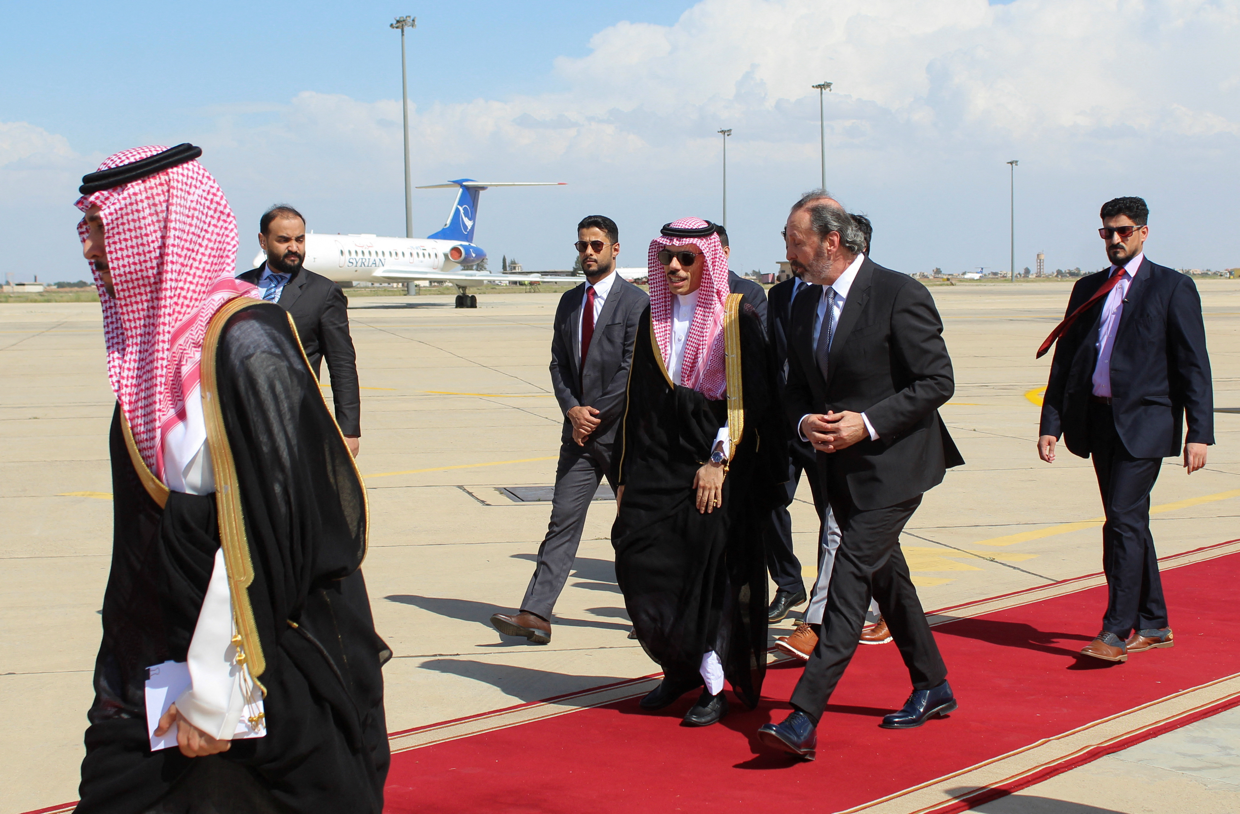Saudi Foreign Minister Prince bin Farhan is welcomed upon his arrival in Damascus