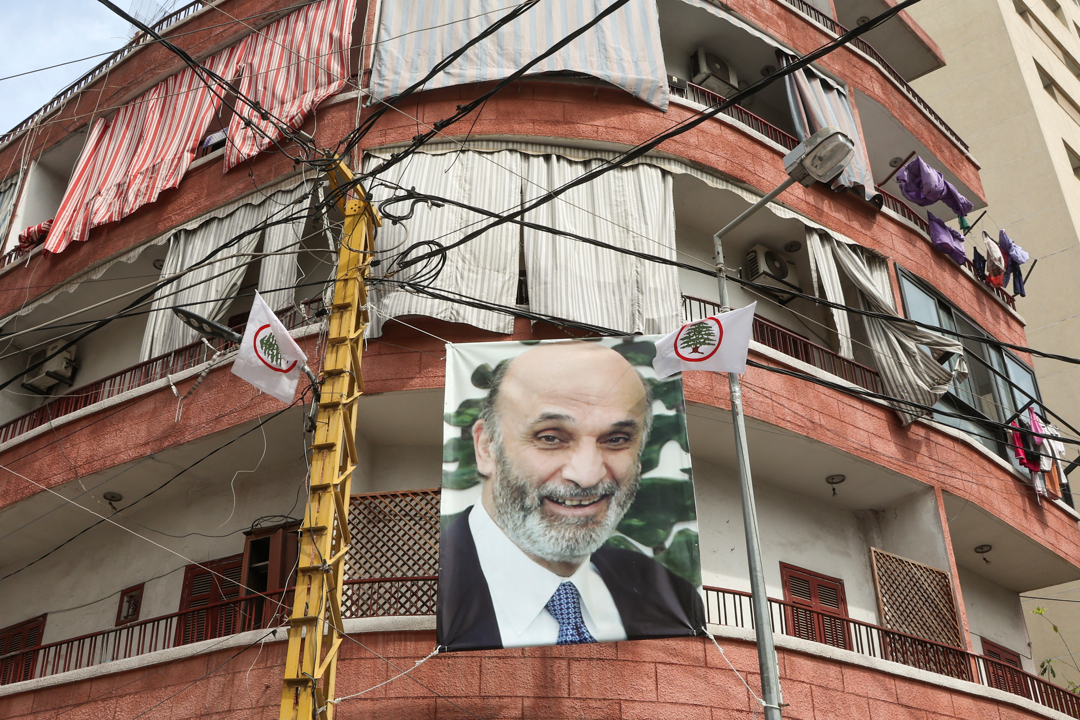 A banner depicting Samir Geagea, the leader of Lebanon's Christian Lebanese Forces (LF) party is seen in Ain el-Remmaneh