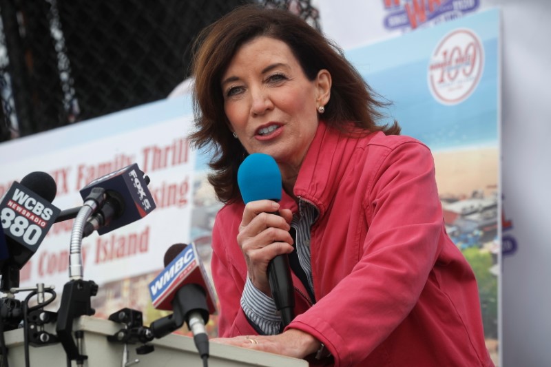 New York State Lieutenant Governor Kathy Hochul speaks during an opening ceremony on the first day of the Coney Island parks reopening, during the coronavirus disease (COVID-19) pandemic, in the Coney Island neighborhood of Brooklyn, New York, U.S., April 9, 2021.  REUTERS/Brendan McDermid