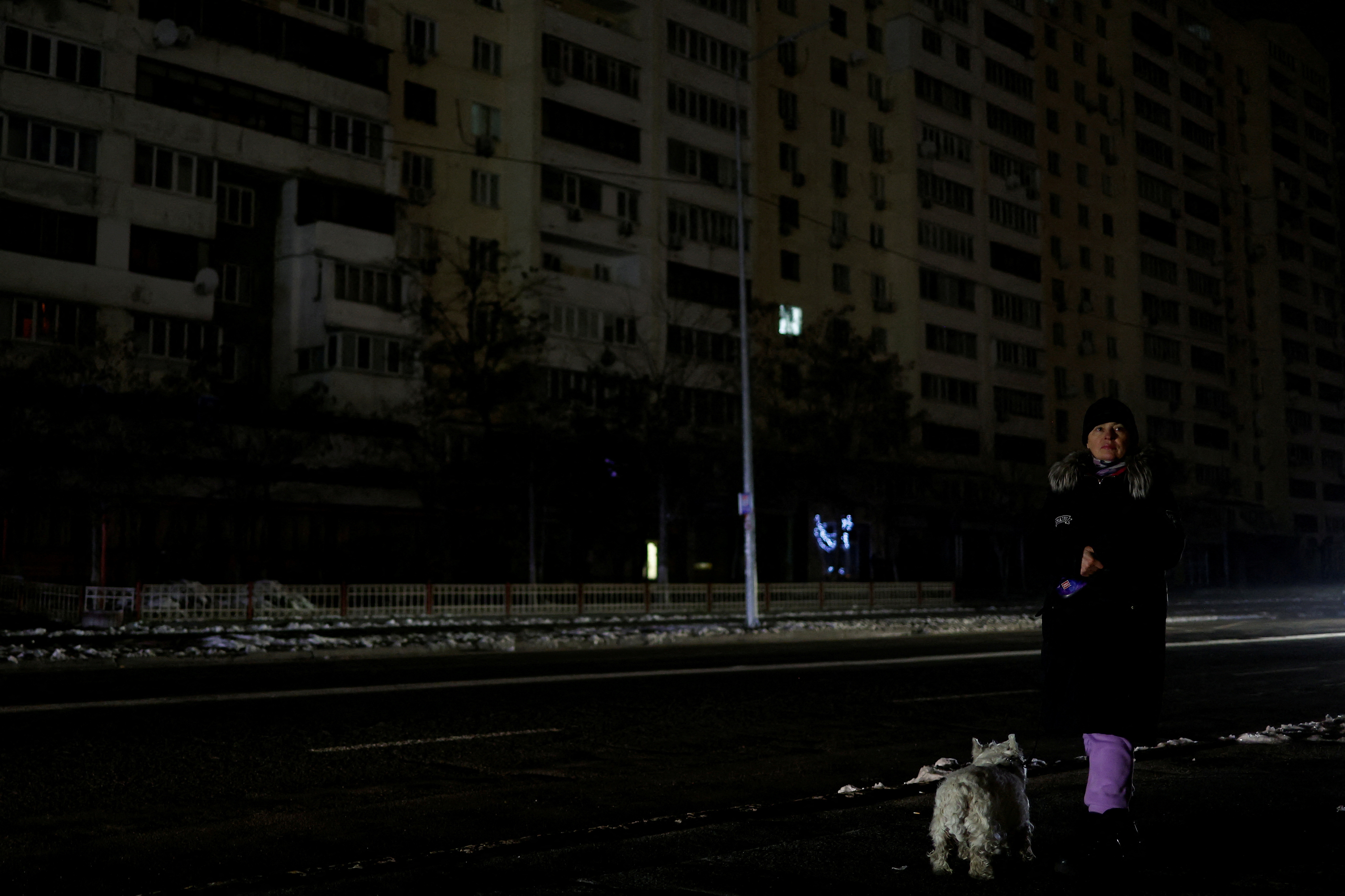 Woman with a dog waits for a bus in a street without electricity after critical civil infrastructure was hit by Russian missile attacks in Kyiv