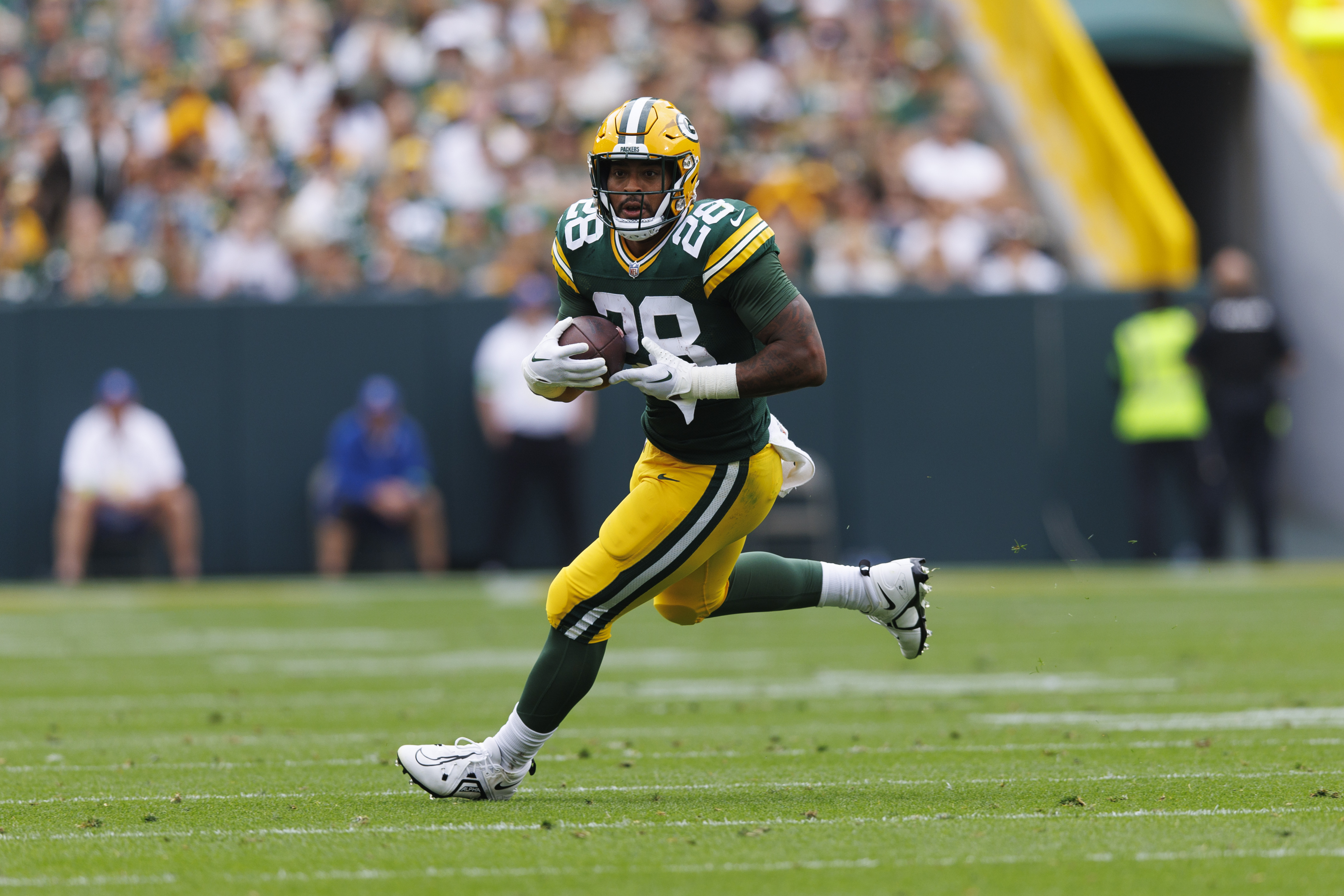 Green Bay, Wisconsin, USA. 24th Sep, 2023. Green Bay Packers wide receiver  Samori Toure (83) after his 2-point conversion catch during the NFL  football game between the New Orleans Saints and the