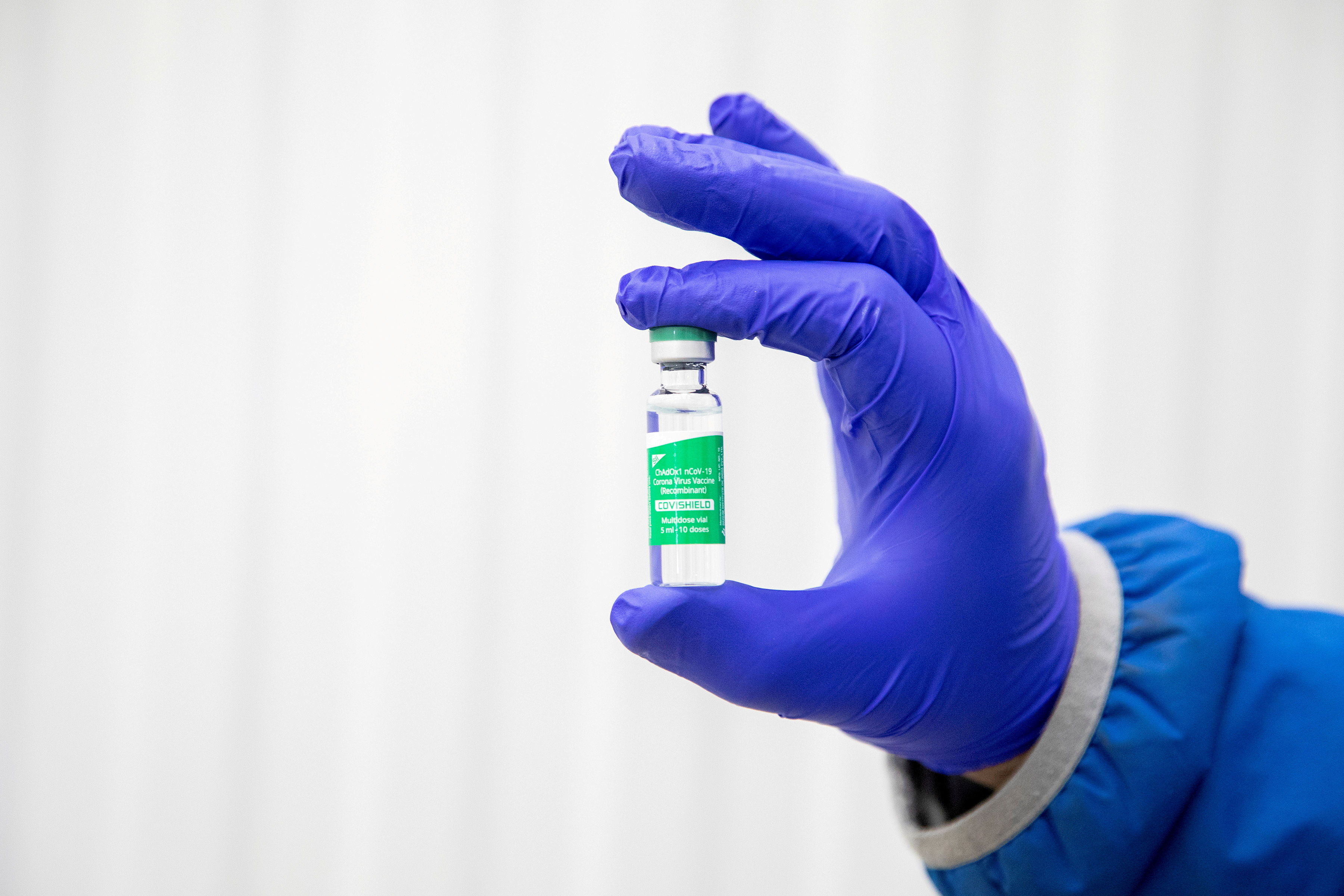 A vial of AstraZeneca coronavirus disease (COVID-19) vaccine doses at a facility in Milton,