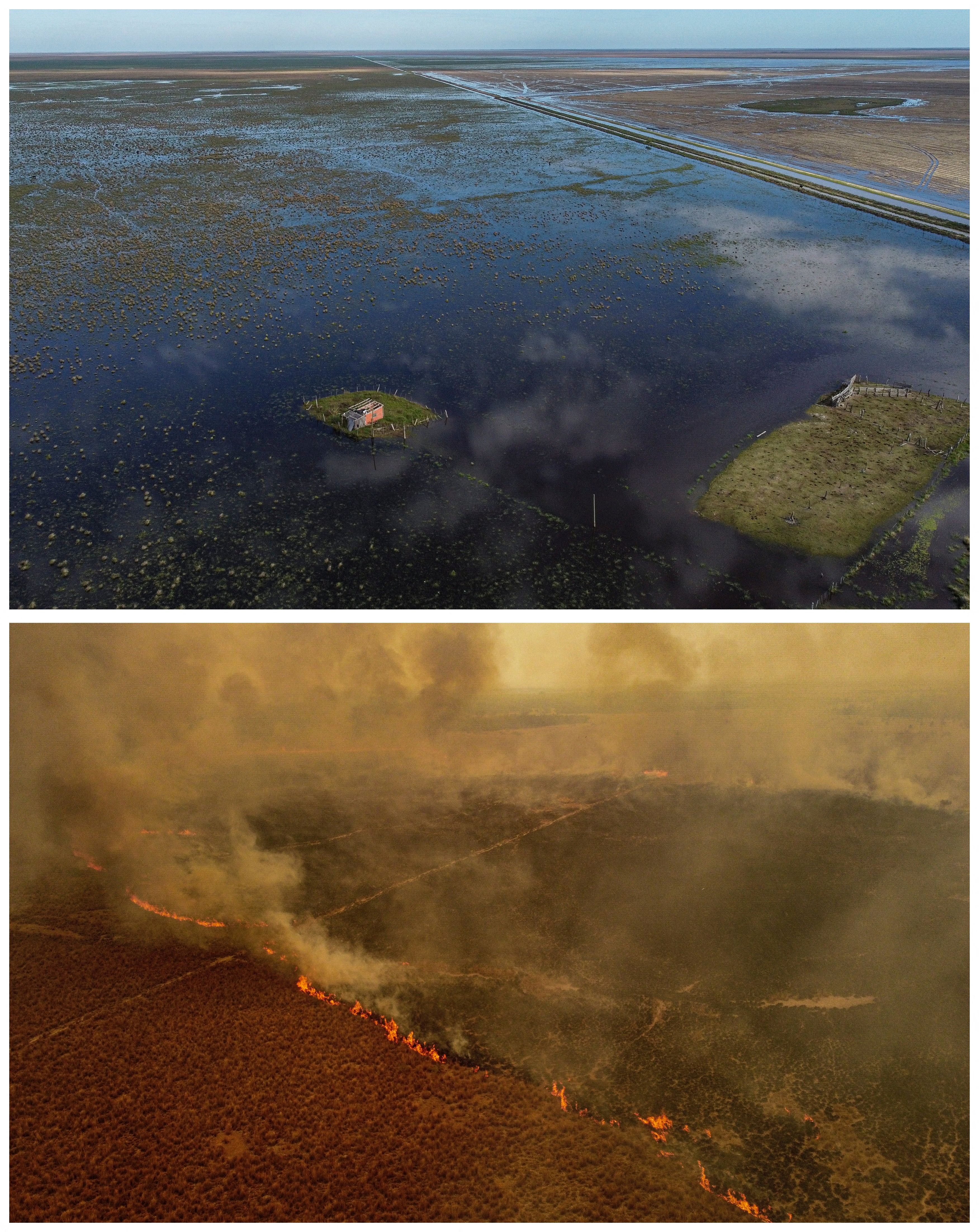 La imagen compuesta muestra un área afectada por inundaciones en una zona rural de Corrientes, Argentina el 17 de abril de 2022 (arriba) y un incendio forestal que se extendió hasta cubrir más de 500.000 hectáreas en la zona el 15 de febrero de 2022. REUTERS/Sebastian Tuba 