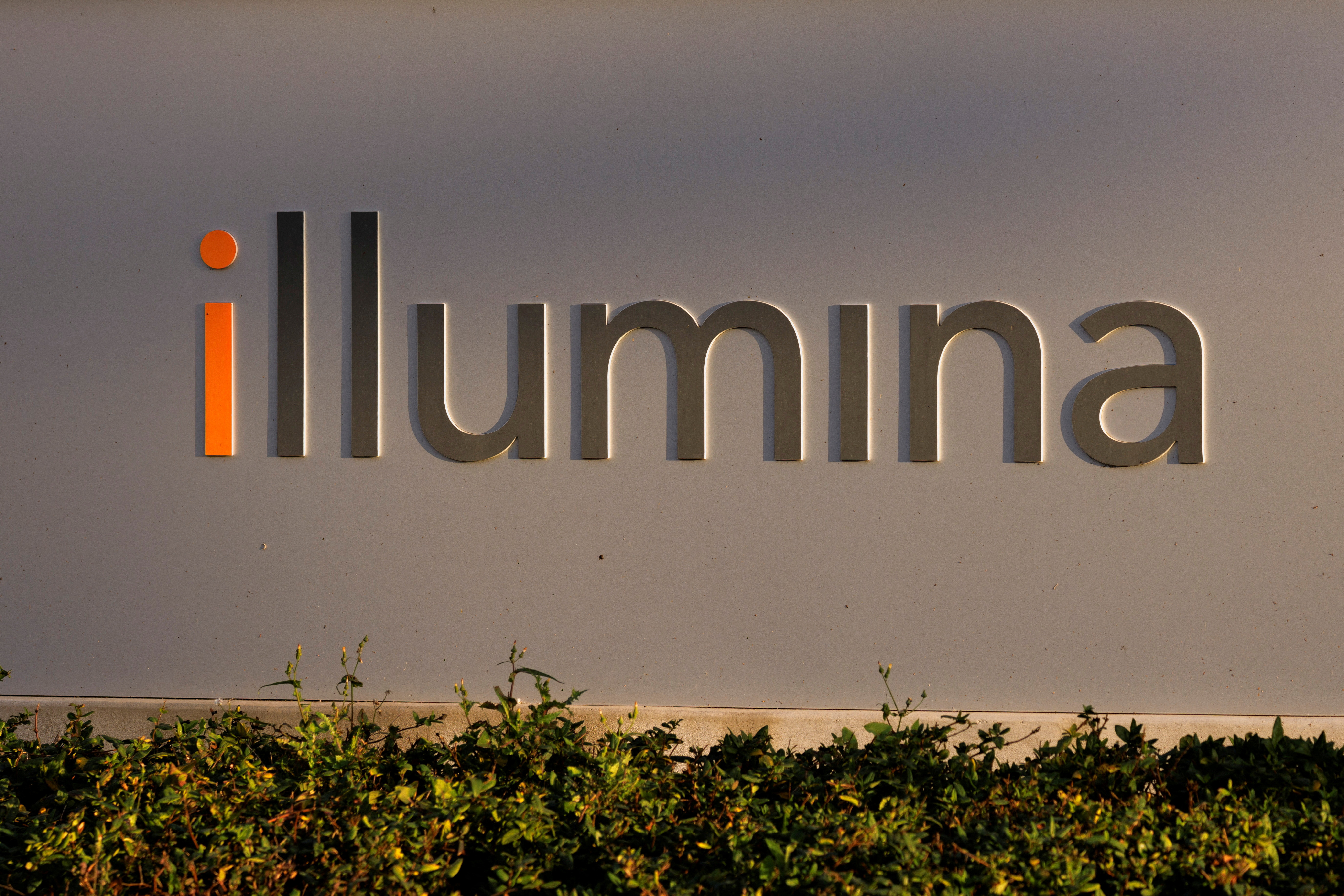 A sign at the front entrance to the global headquarters of Illumina is pictured in San Diego, California