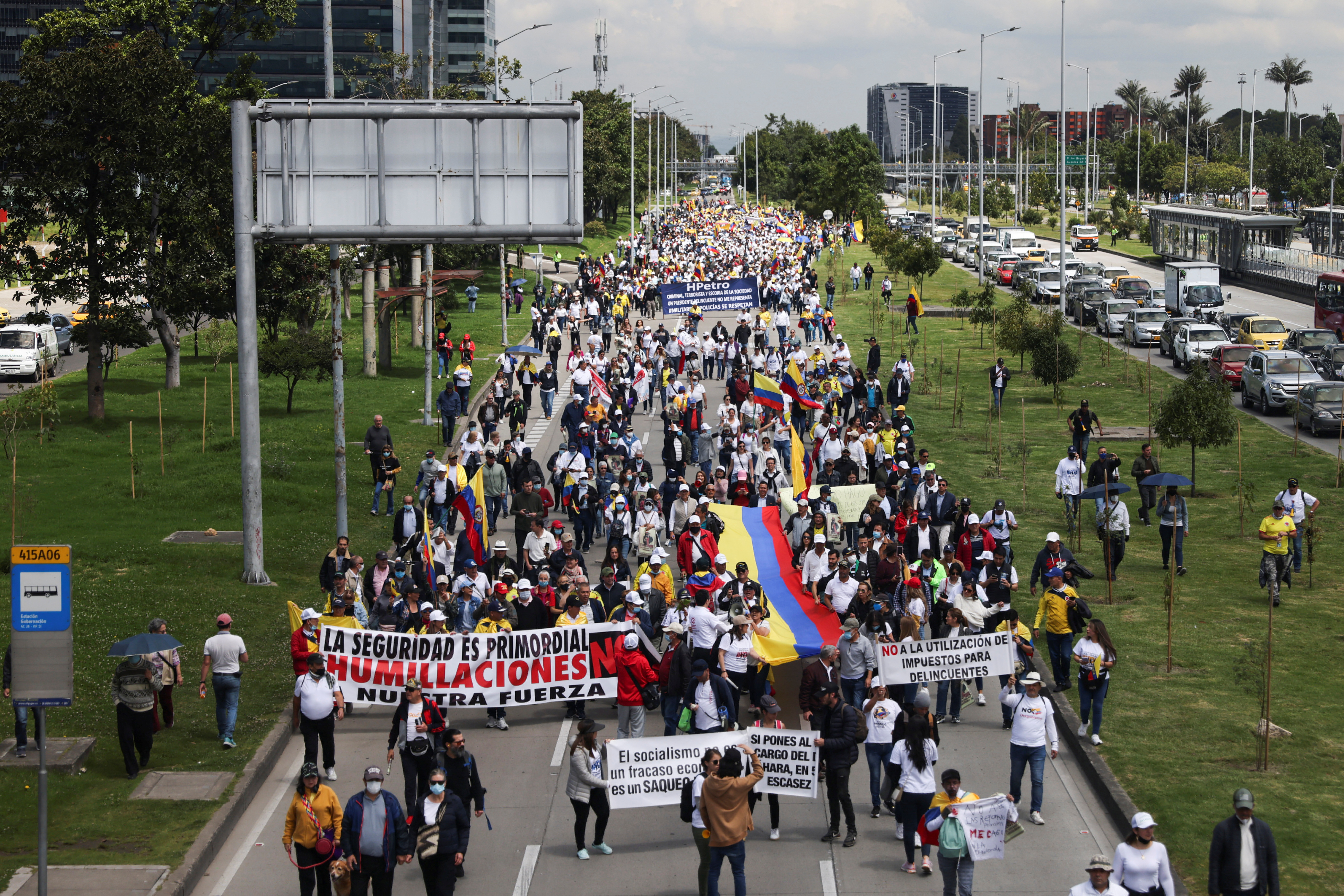 Demonstrators protest against the government of Gustavo Petro and his tax reform proposal in Bogota