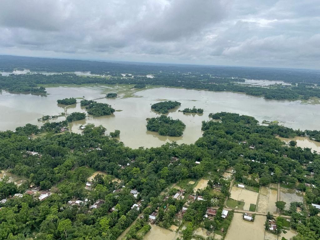 An aerial view shows flooded areas in Silchar