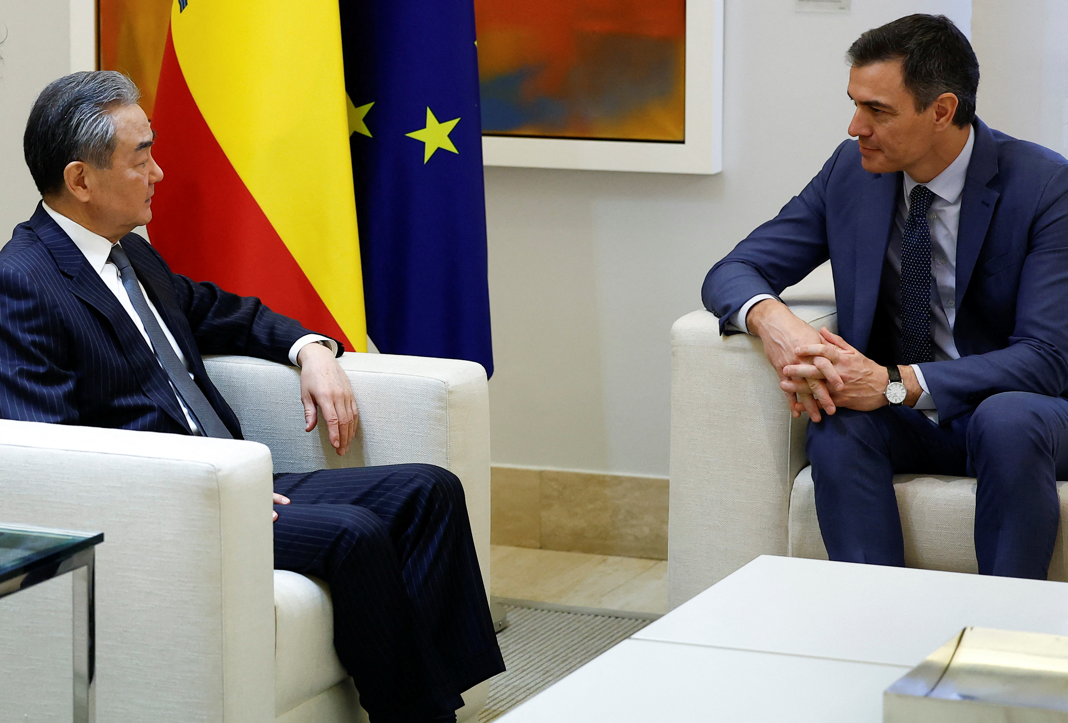 Spain and China Foreign Ministers meet Spanish Prime Minister Pedro Sanchez at Moncloa Palace