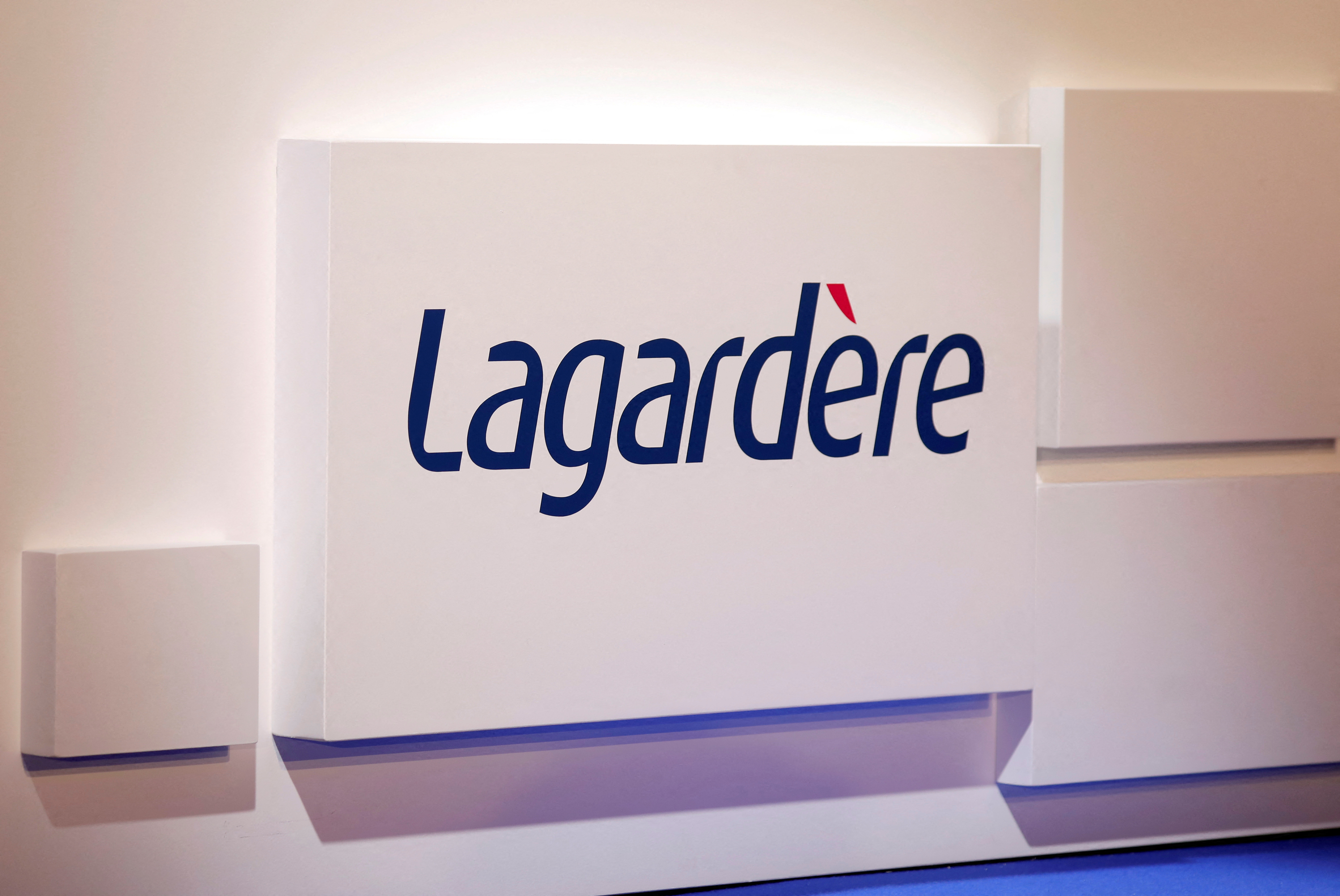 The logo of French media group Lagardere is seen at the group's shareholders meeting in Paris