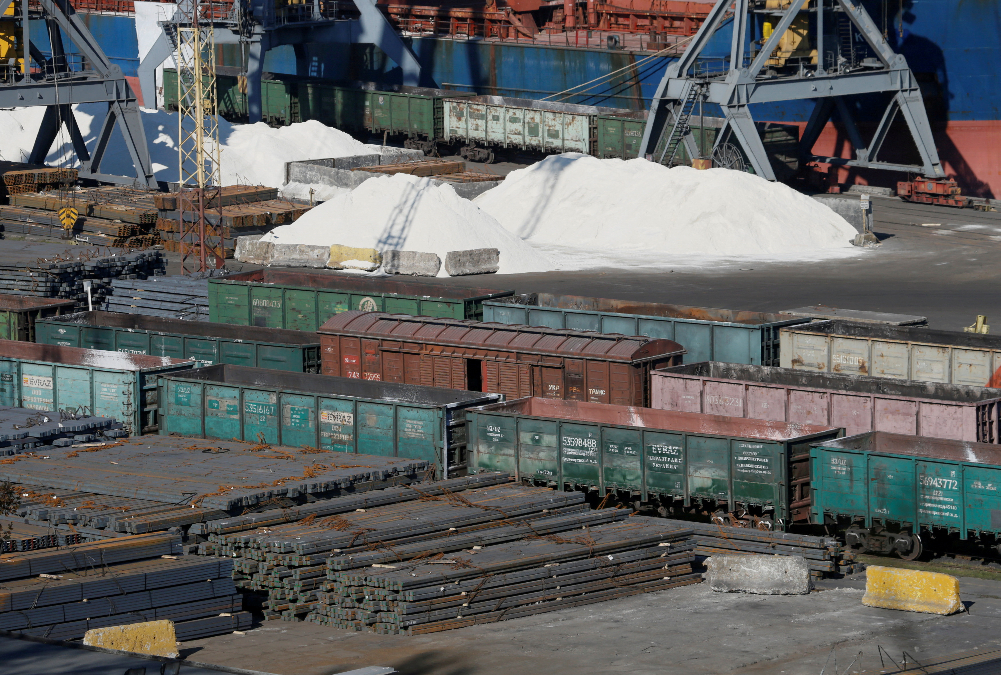 Freight train wagons are seen in Black sea port of Odessa