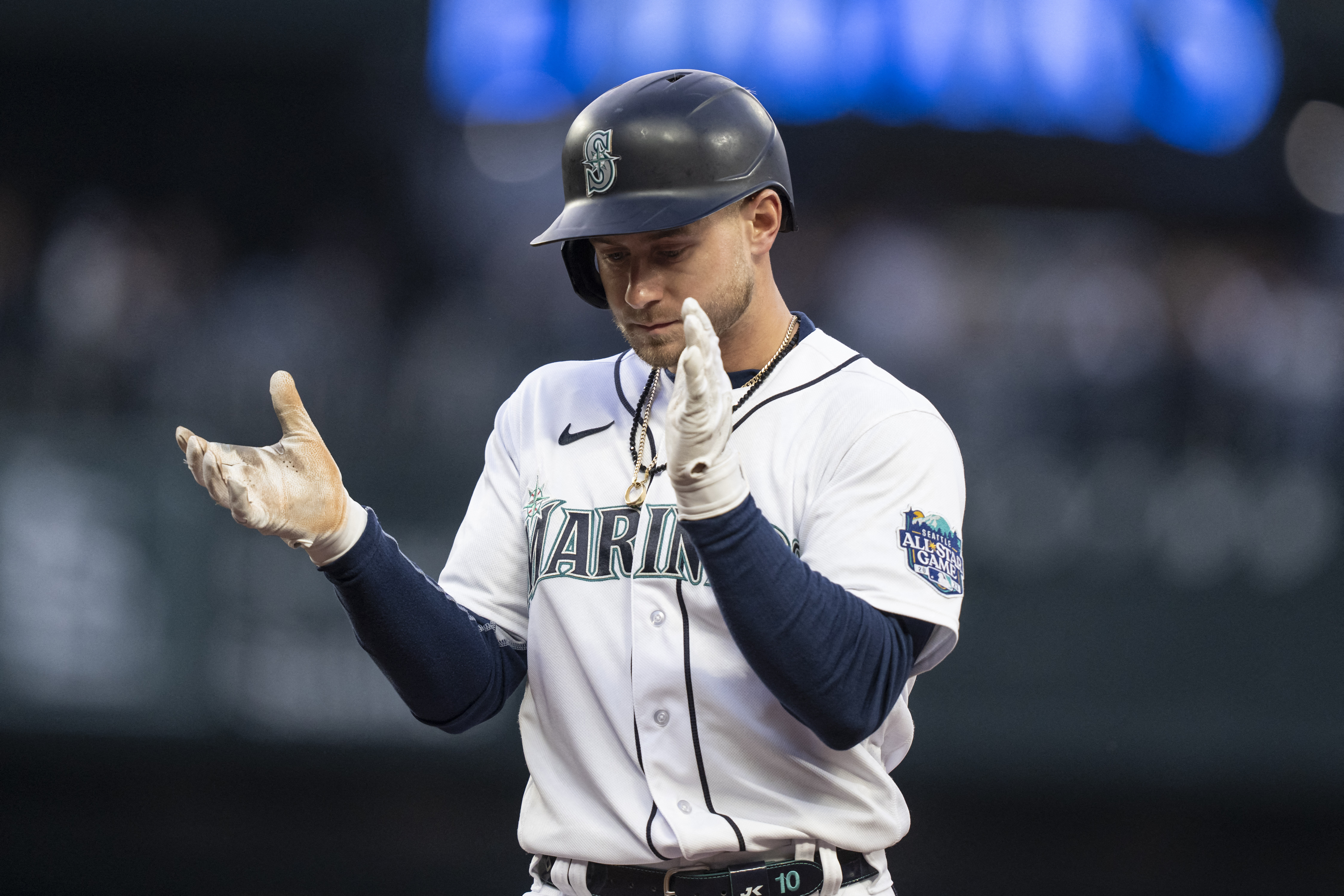 Seattle Mariners left fielder AJ Pollock (8) runs out his two-run