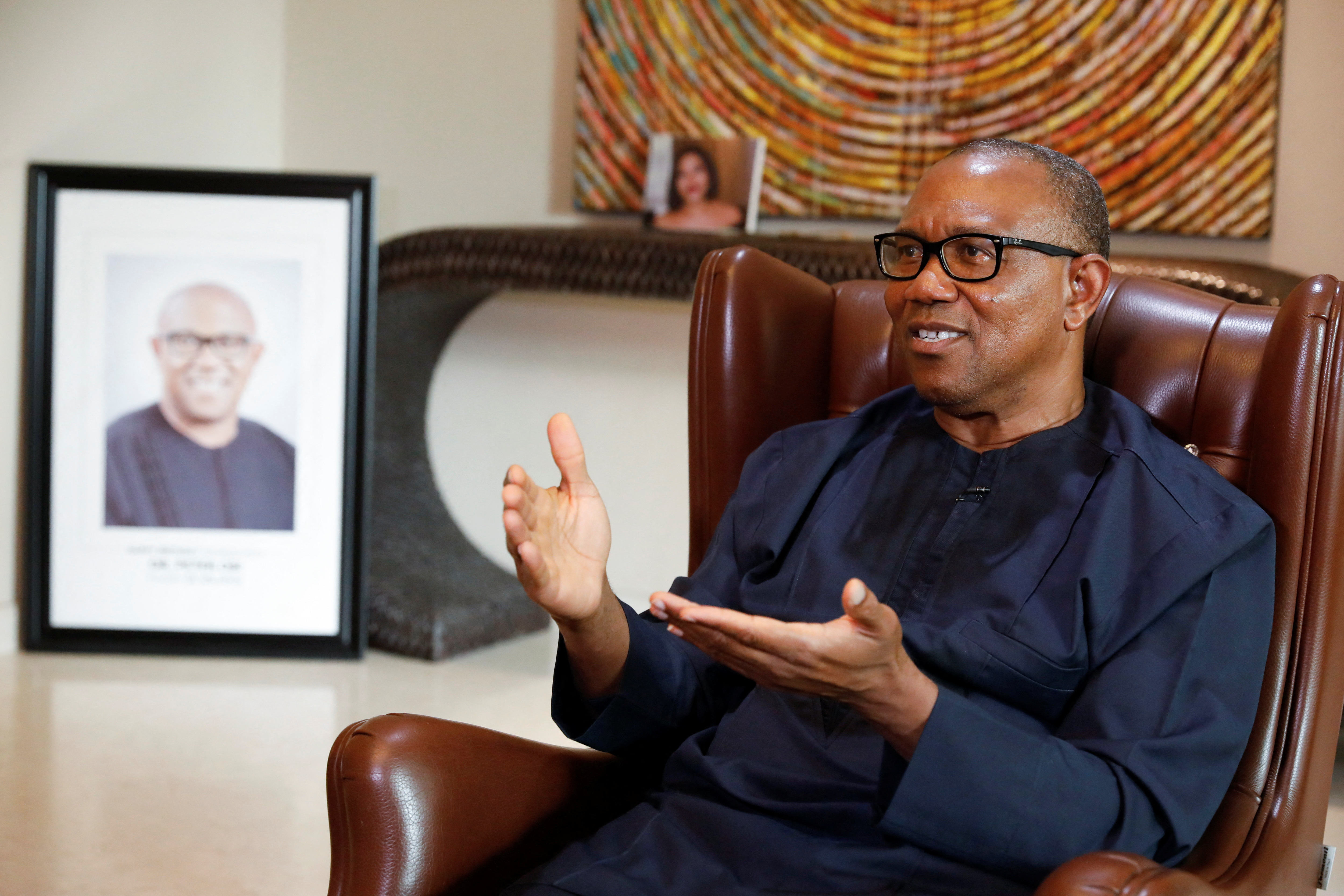 Peter Obi, Presidential candidate of the Labour Party, gestures during an interview with Reuters at his residence in Lagos