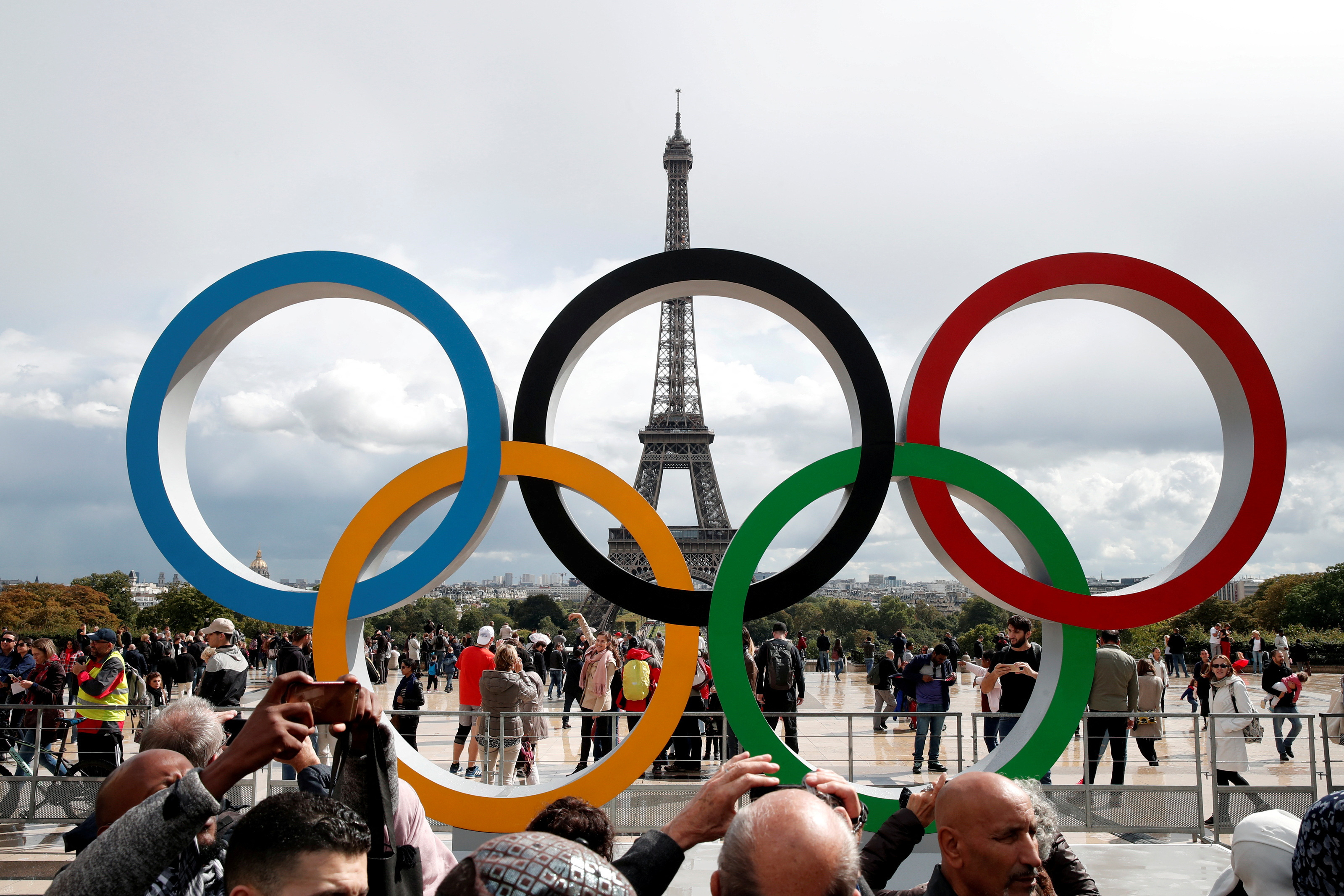 Olympic rings to celebrate the IOC official announcement that Paris won the 2024 Olympic bid are seen in front of the Eiffel Tower at the Trocadero square in Paris